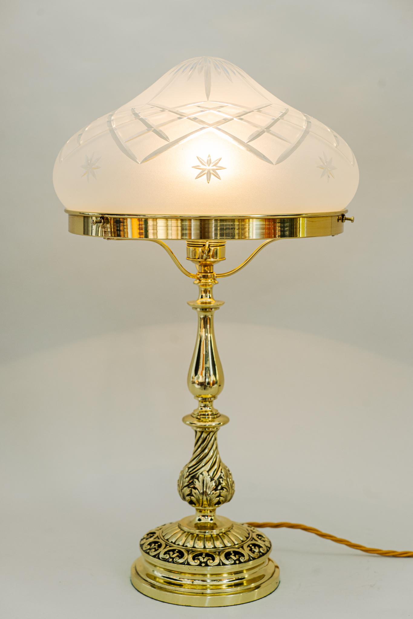 Brass Historistic table lamp with cut glass shade around 1890s For Sale
