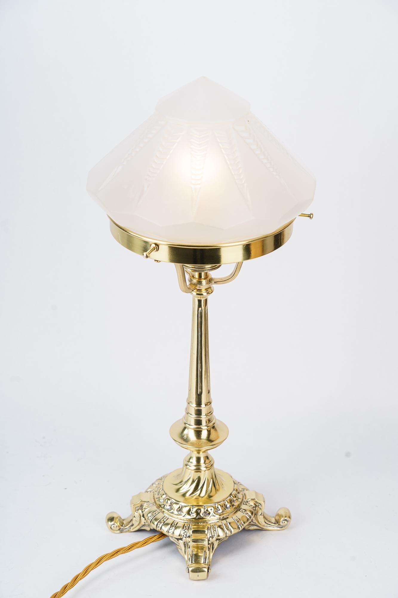 Brass Historistic Table lamp with original antique glass shade vienna around 1890s For Sale