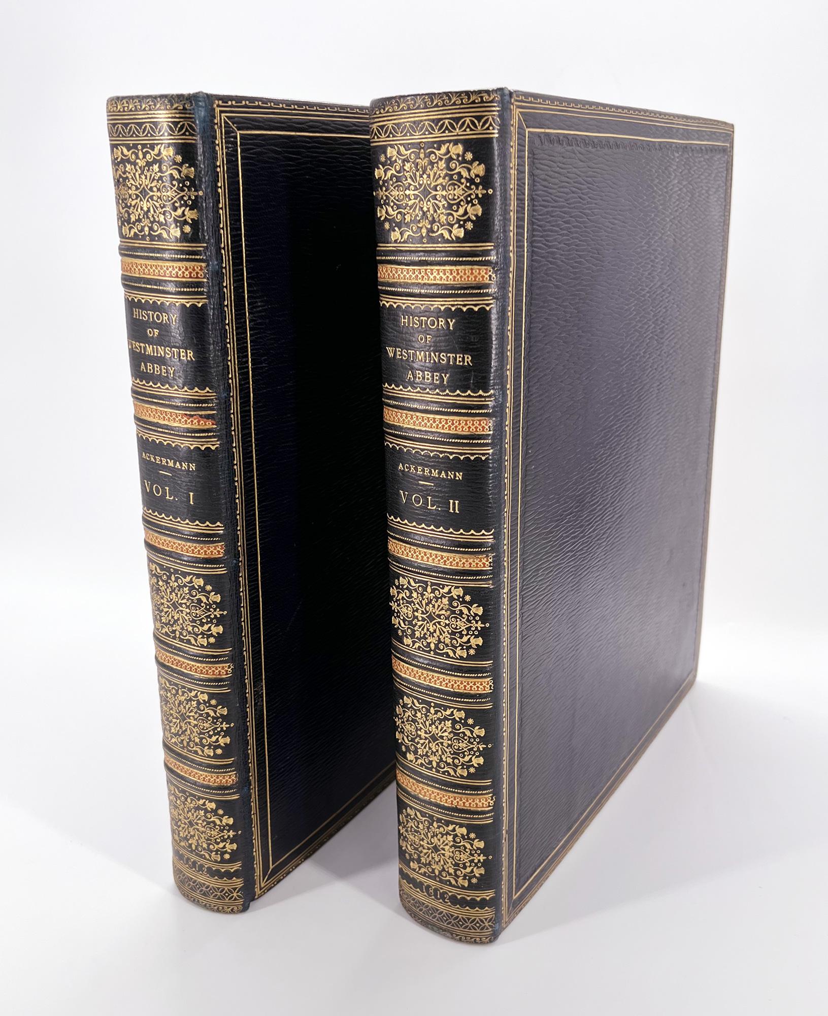 
Ackermann, Rudolph e William Combe (testo). 
La storia della chiesa abbaziale di San Pietro a Westminster; le sue antichità e i suoi monumenti. 
Londra: R. Ackermann, 1812. Prima edizione, secondo numero. 
In due volumi, grande 4to; 12 3/4 x 10 3/4