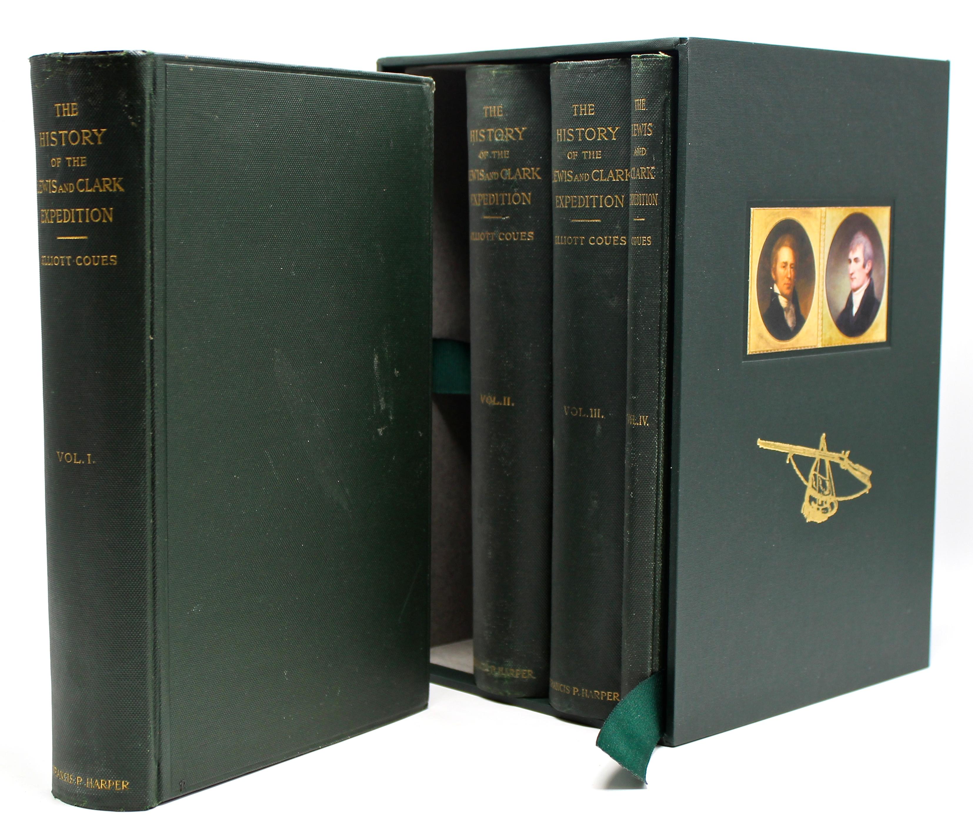 Edited by Elliott Coues. History of the Lewis and Clark Expedition. New York: Francis P. Harper, 1893. Four-volume set. Review copy of limited edition on handmade paper. Housed in custom slipcase.

Presented is a review copy of the limited edition