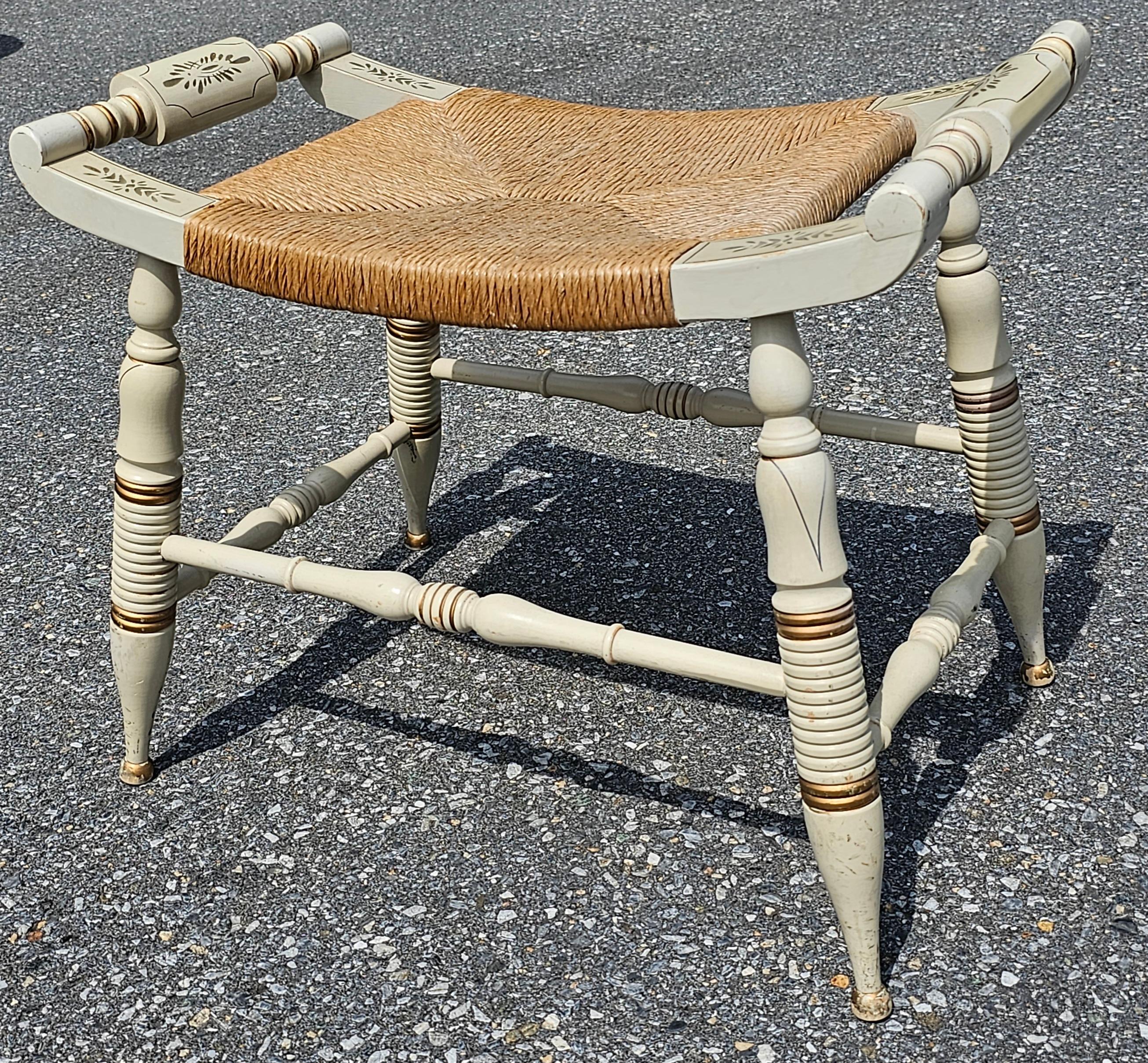Enameled Hitchcock Style Partial Gilt And Enamel Painted Rush Seat Bench  For Sale