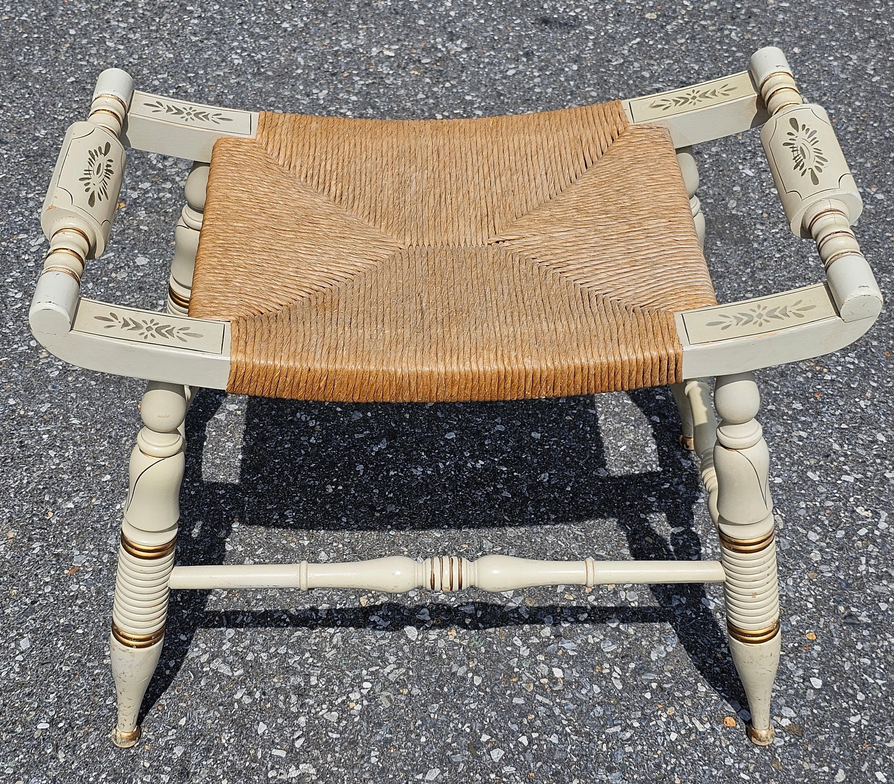 20th Century Hitchcock Style Partial Gilt And Enamel Painted Rush Seat Bench  For Sale
