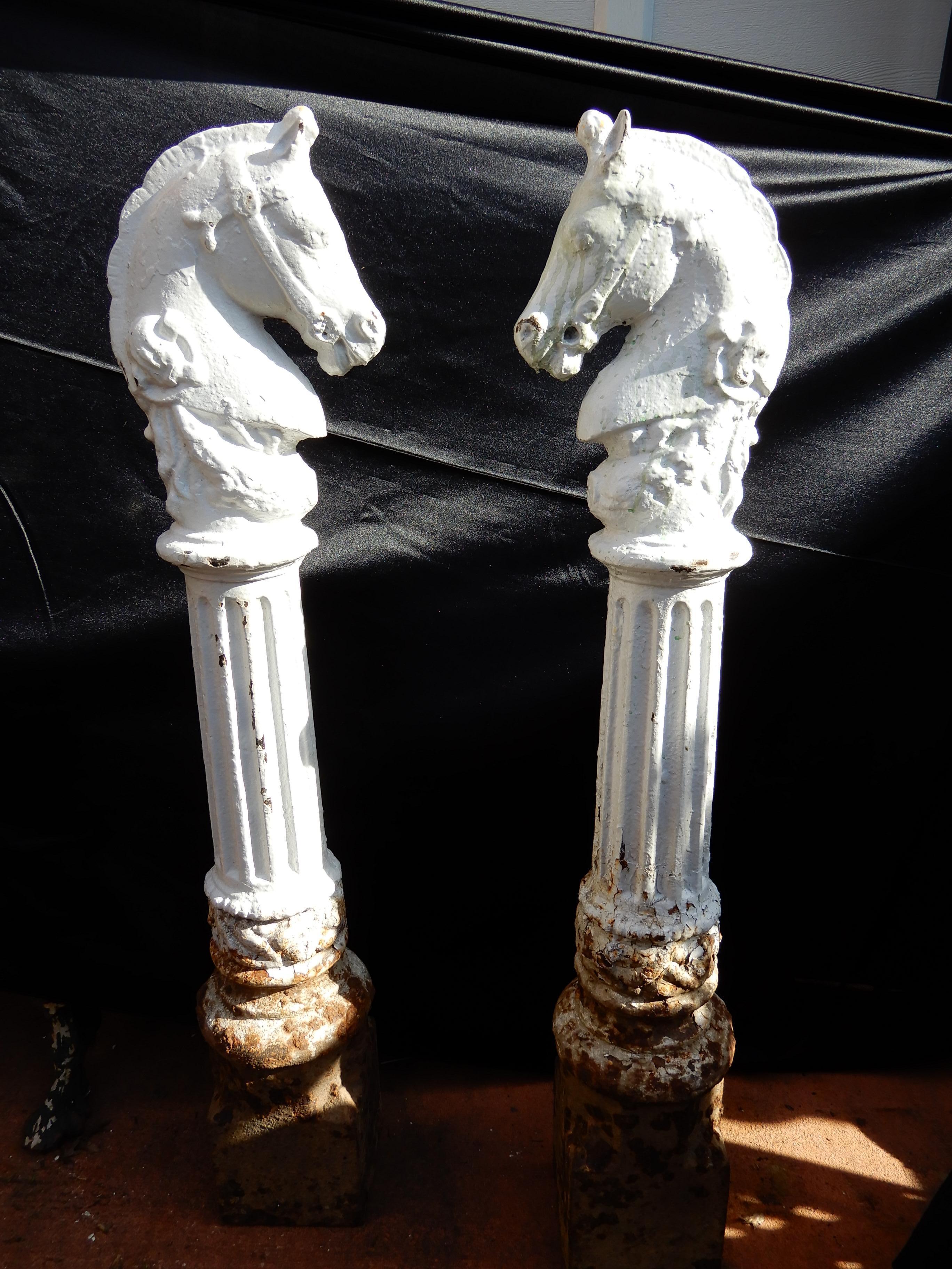 A pair of 19th century cast iron horse head hitching posts. The horse heads have had the rings removed by a prior owner. The hitching posts have crisply carved detail on the horse heads.
