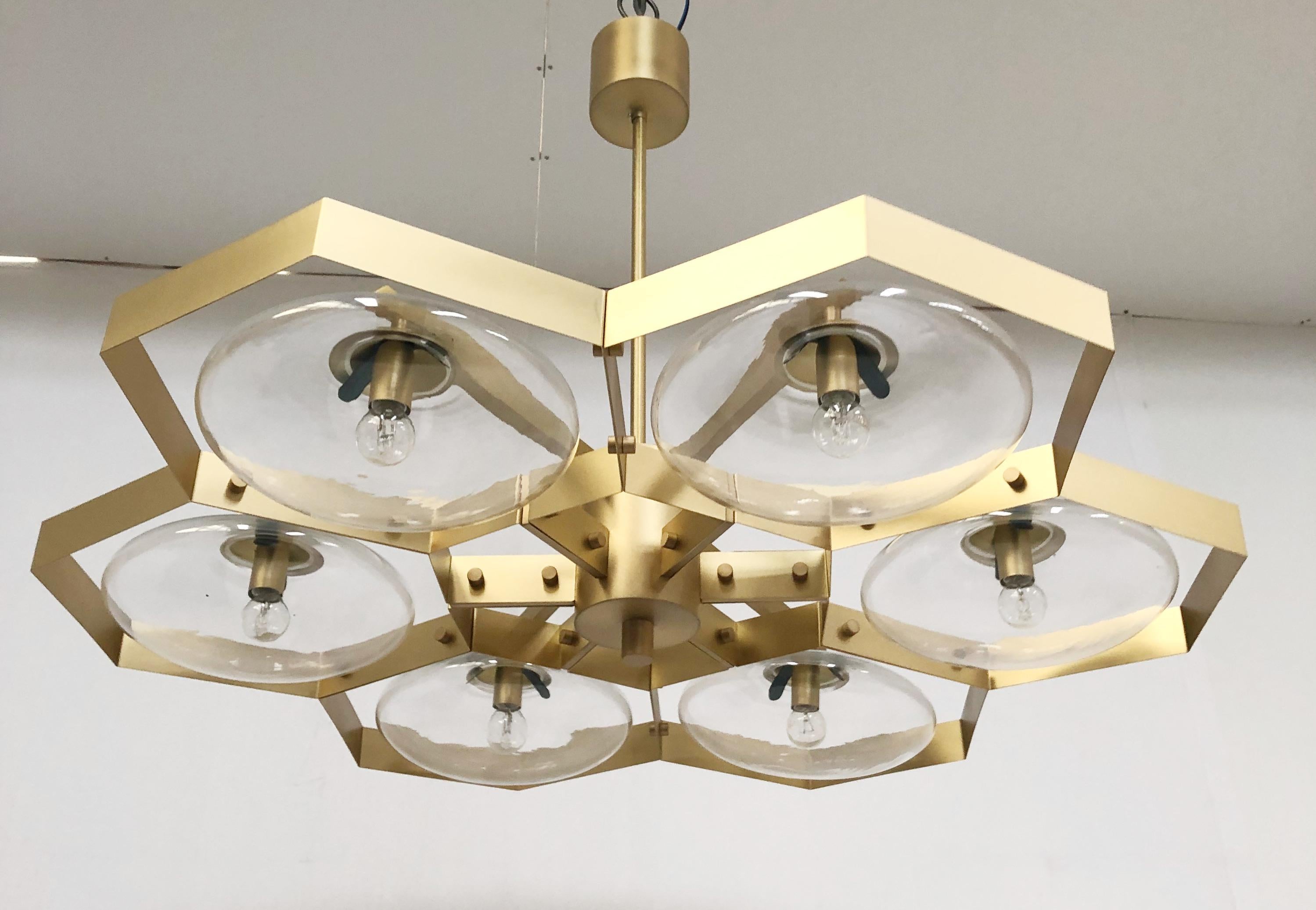 Italian chandelier with Murano glass shades mounted on solid brass frame / Made in Italy
Designed by Fabio Ltd, inspired by Angelo Lelli and Arredoluce styles
6 lights / E12 or E14 / max 40W each
Measures: Diameter 43 inches, height 30 inches
Order