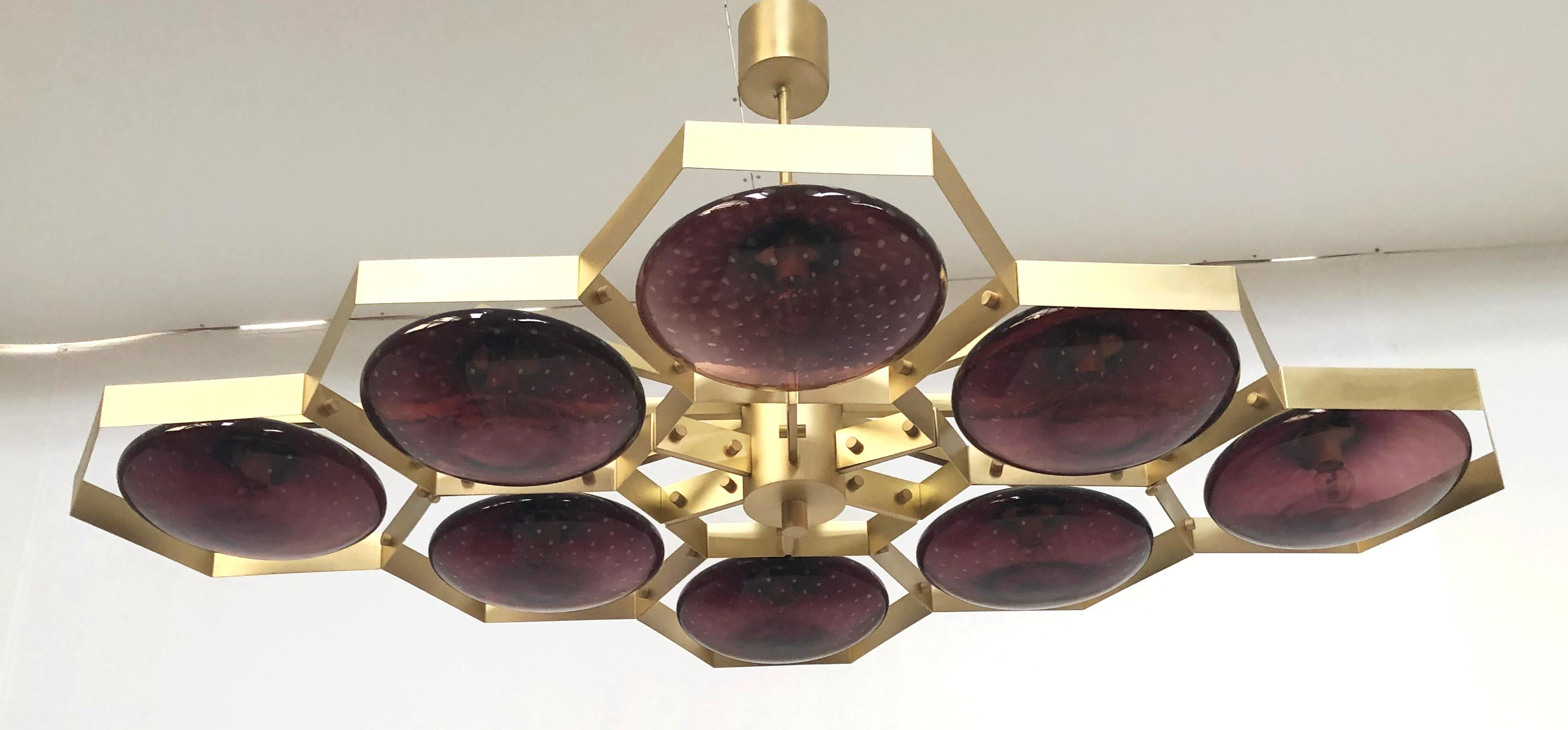 Italian chandelier with Murano glass shades mounted on solid brass frame / Made in Italy
Designed by Fabio Ltd, inspired by Angelo Lelli and Arredoluce styles
8 lights / E12 or E14 type / max 40W each
Length: 65 inches / Width: 42.5 inches / Height: