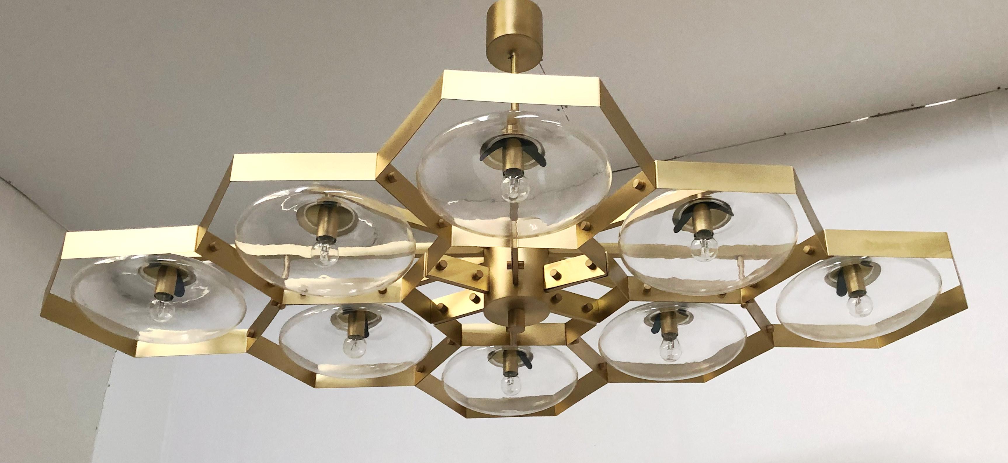 Italian chandelier with Murano glass shades mounted on solid brass frame / Made in Italy
Designed by Fabio Ltd, inspired by Angelo Lelli and Arredoluce styles
8 lights / E12 or E14 type / max 40W each
Length: 65 inches / Width: 42.5 inches / Height: