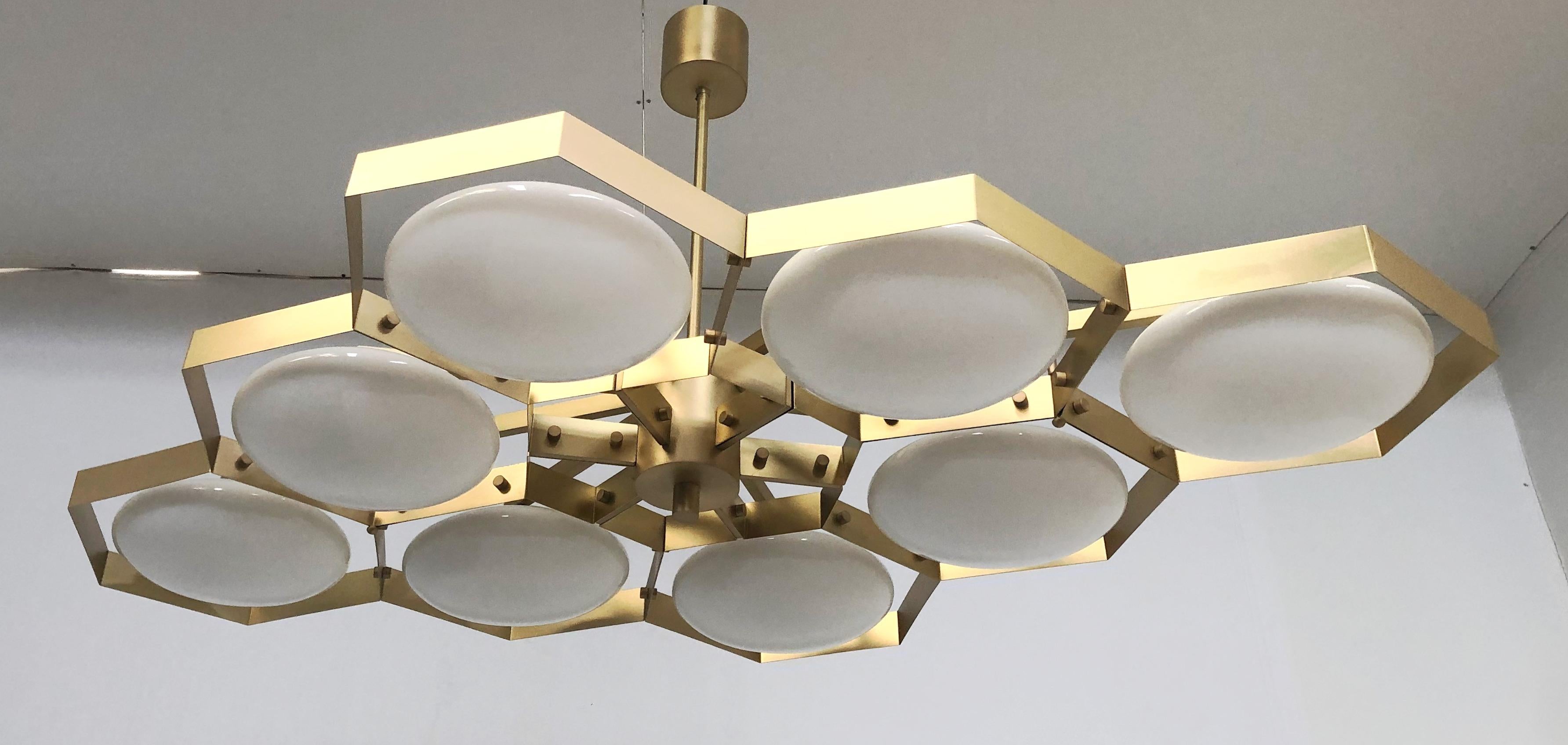 Italian chandelier with Murano glass shades mounted on solid brass frame / Made in Italy
Designed by Fabio Ltd, inspired by Angelo Lelli and Arredoluce styles
8 lights / E12 or E14 type / max 40W each
Length: 65 inches / Width: 42.5 inches / Height: