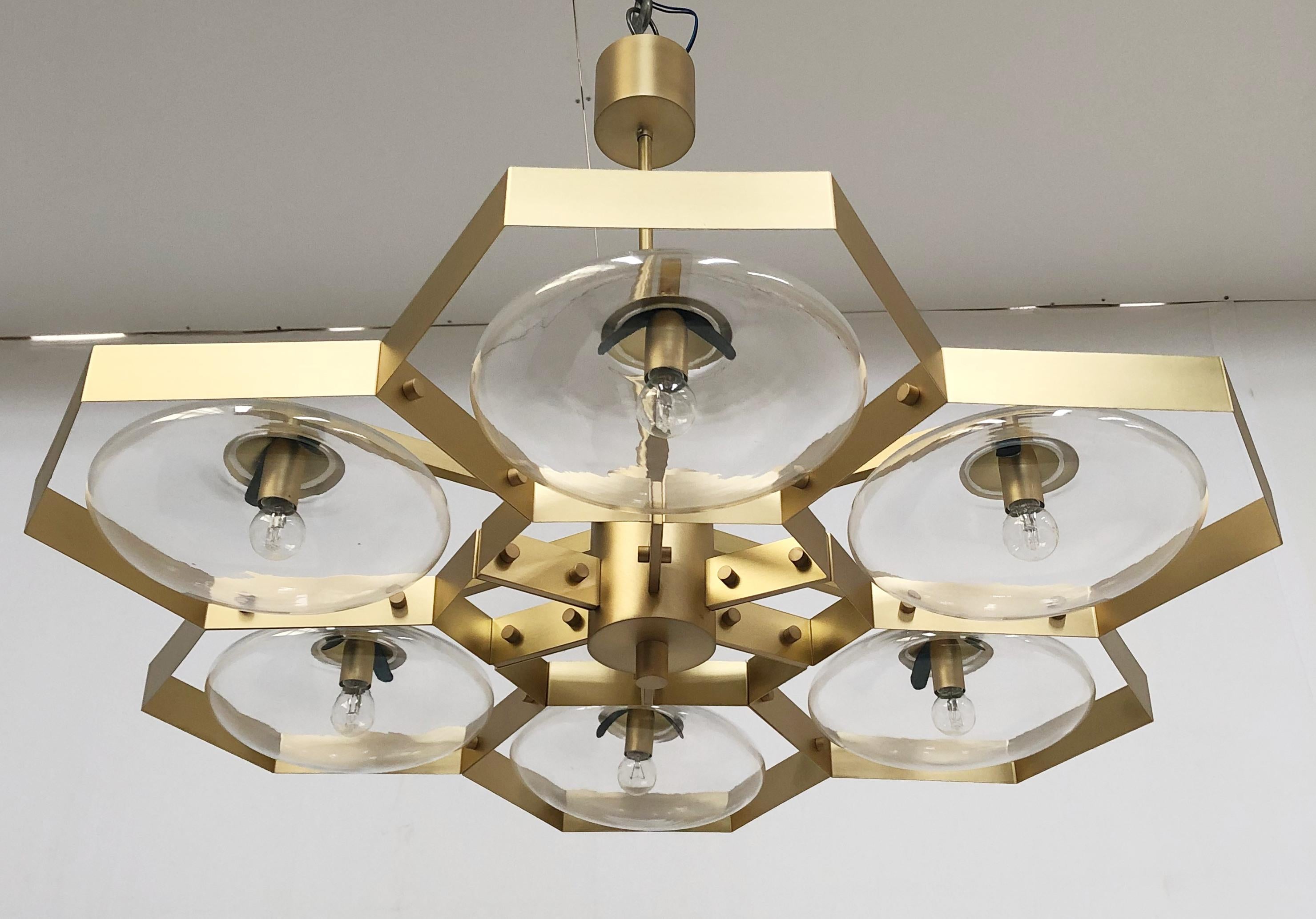 Italian chandelier with Murano glass shades mounted on solid brass frame / Made in Italy
Designed by Fabio Ltd, inspired by Angelo Lelli and Arredoluce styles
6 lights / E12 or E14 / max 40W each
Measures: Diameter 43 inches, height 30 inches
Order