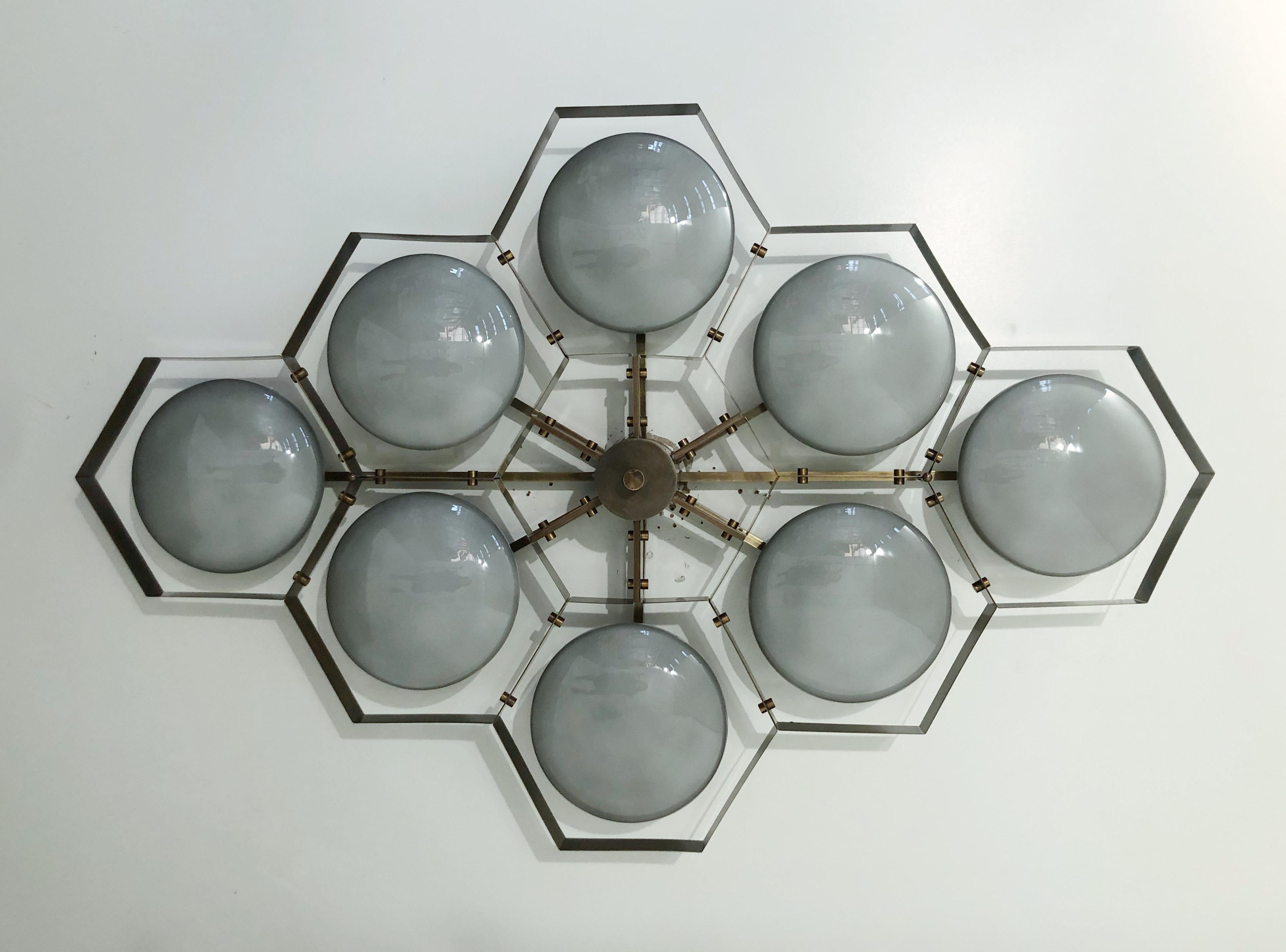 Italian flush mount with Murano glass shades mounted on solid brass frame / Made in Italy
Designed by Fabio Ltd, inspired by Angelo Lelli and Arredoluce styles
8 lights / E12 or E14 / max 40W each
Measures: Length 65 inches, width 42.5 inches,