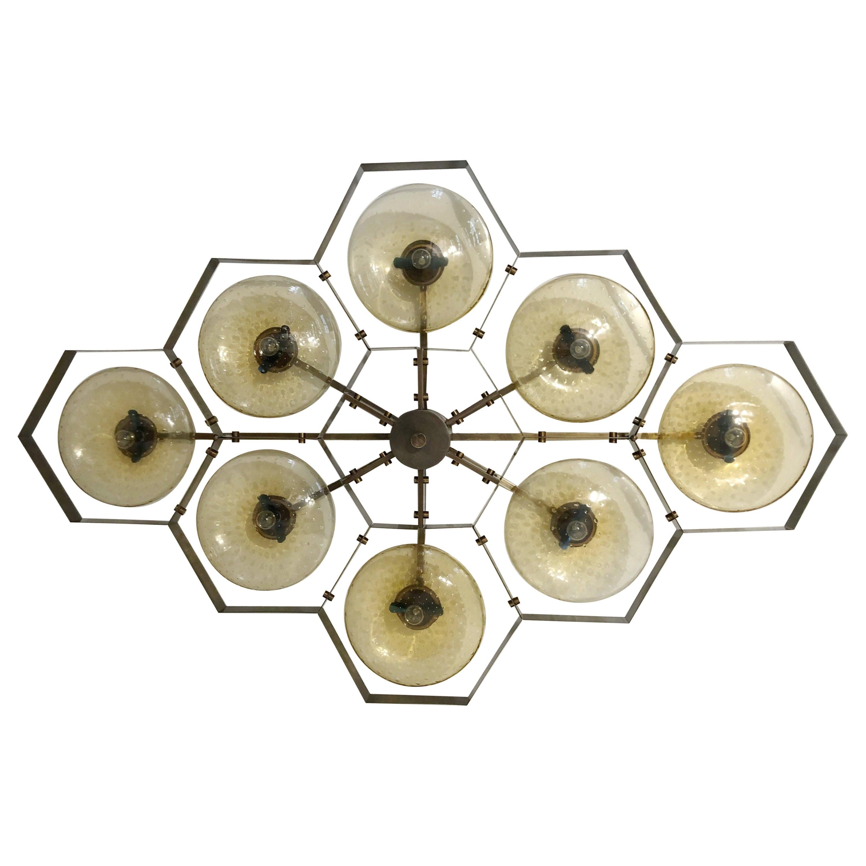 Italian flush mount with Murano glass shades mounted on solid brass frame / Made in Italy
Designed by Fabio Ltd, inspired by Angelo Lelli and Arredoluce styles
8 lights / E12 or E14 / max 40W each
Measures: Length 65 inches, width 42.5 inches,