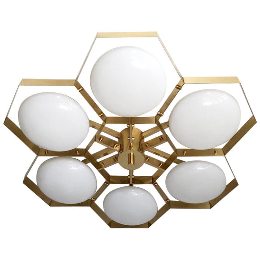 Italian flush mount with Murano glass shades mounted on solid brass frame / Made in Italy
Designed by Fabio Ltd, inspired by Angelo Lelli and Arredoluce styles
6 lights / E12 or E14 / max 40W each
Measures: Diameter 43 inches / height 10