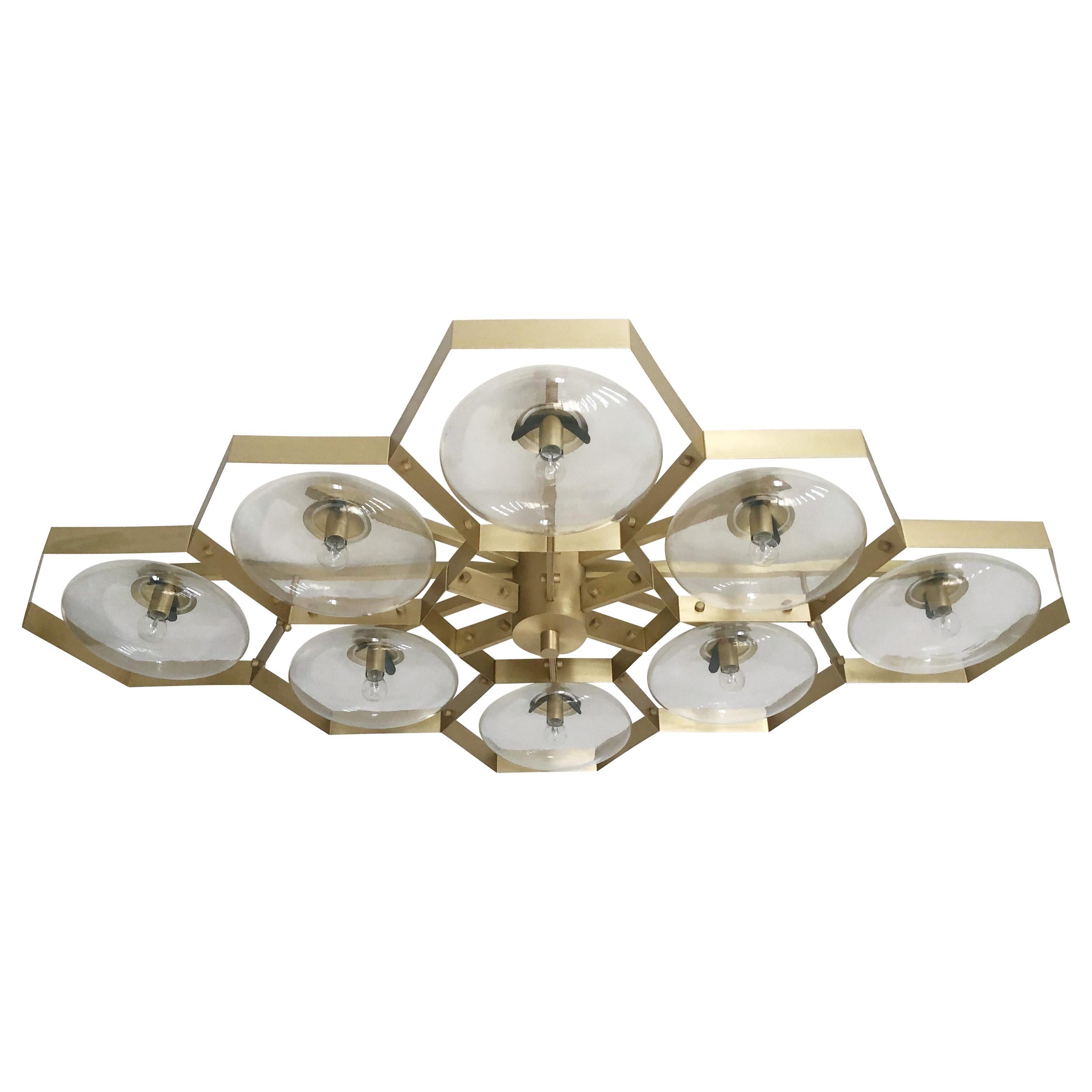 Italian flush mount with Murano glass shades mounted on solid brass frame / Made in Italy
Designed by Fabio Ltd, inspired by Angelo Lelli and Arredoluce styles
8 lights / E12 or E14 / max 40W each
Measures: Length 65 inches, width 42.5 inches,