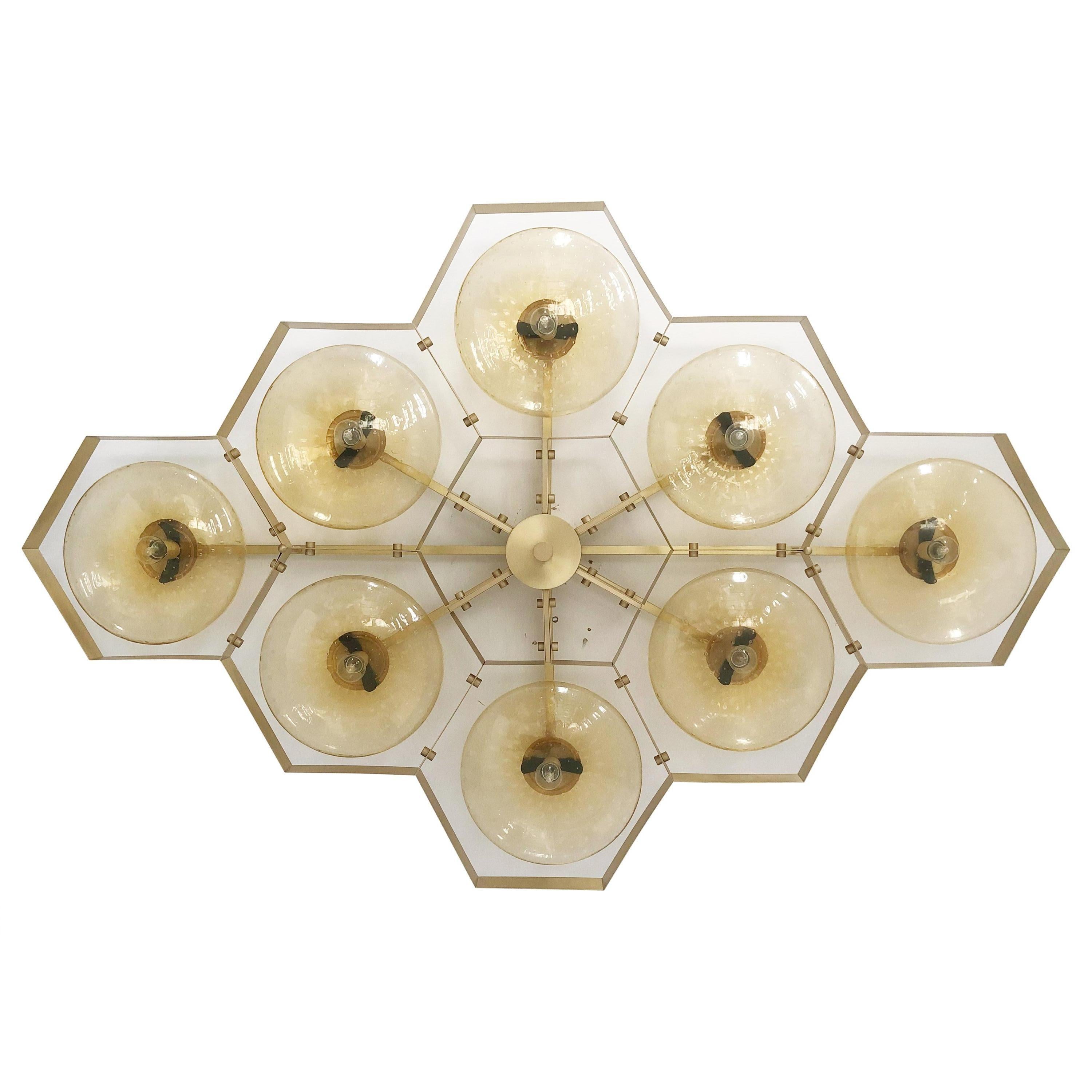 Italian flush mount with Murano glass shades mounted on solid brass frame / Made in Italy
Designed by Fabio Ltd, inspired by Angelo Lelli and Arredoluce styles
8 lights / E12 or E14 / max 40W each
Measures: Length 65 inches, width 42.5 inches,