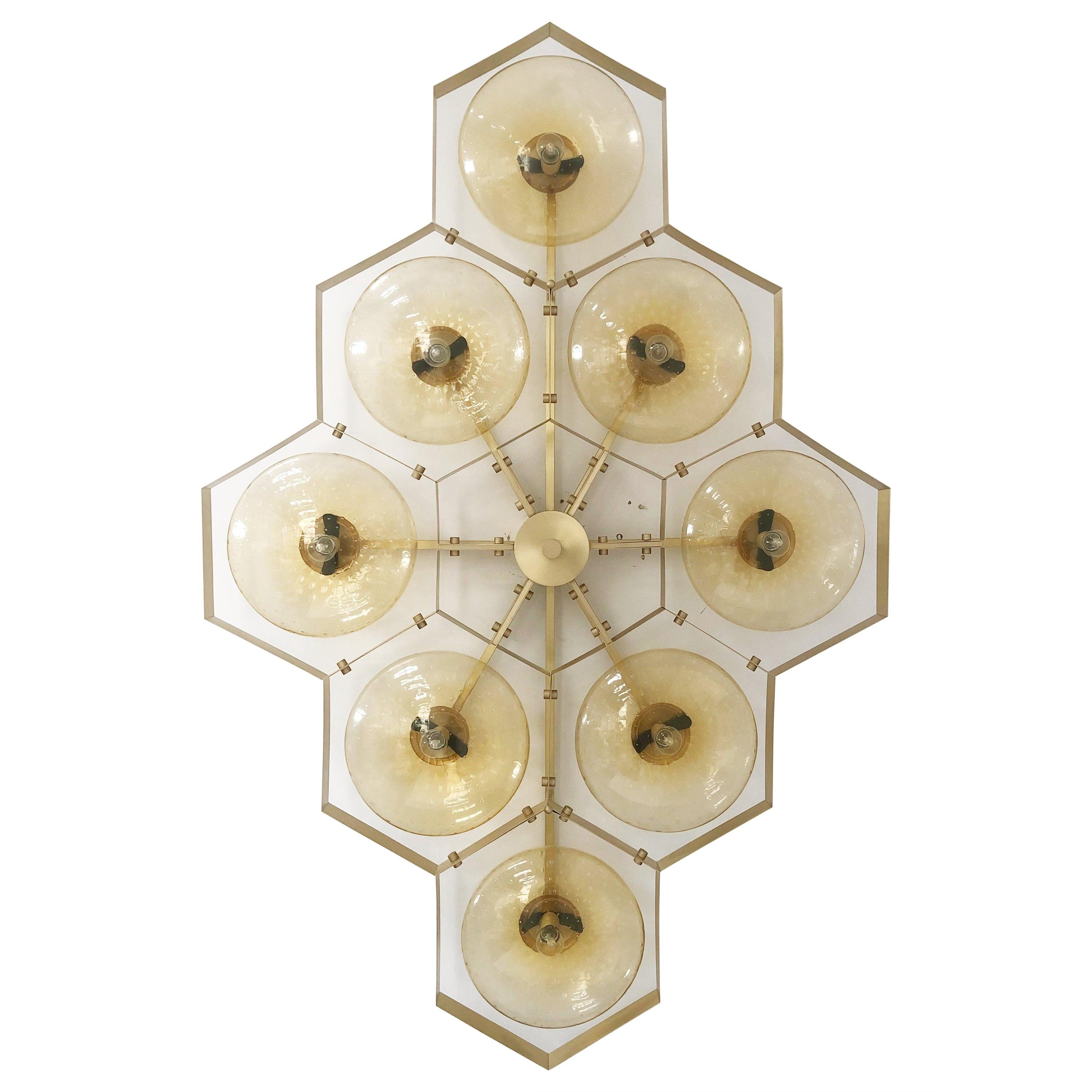 Italian flush mount with Murano glass shades mounted on solid brass frame / Made in Italy
Designed by Fabio Ltd, inspired by Angelo Lelli and Arredoluce styles
8 lights / E12 or E14 / max 40W each
Measures: Length 65 inches, width 42.5 inches,