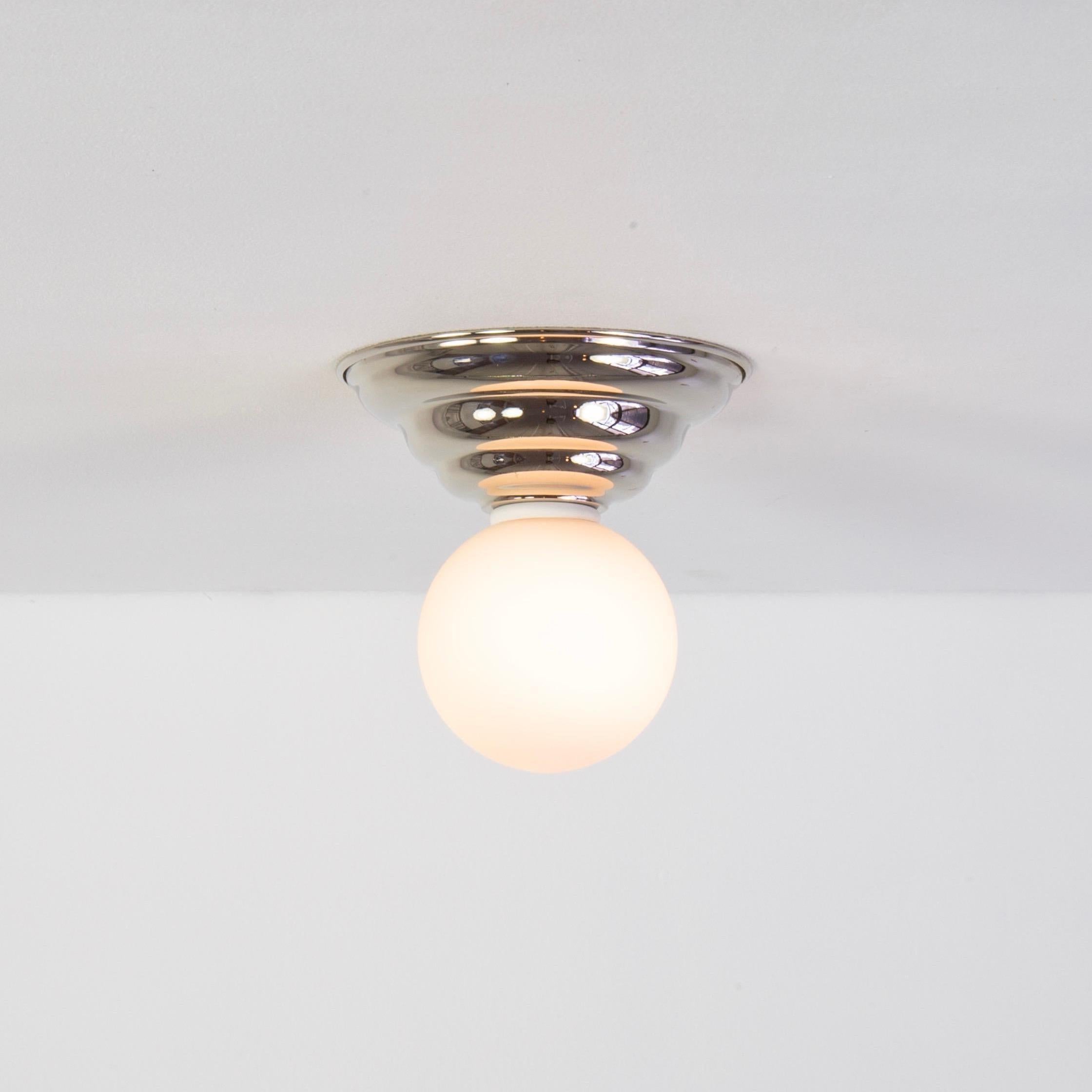 Modern Hive Flush Mount by Research.Lighting, Nickel, 3in Glass Globe, In Stock For Sale