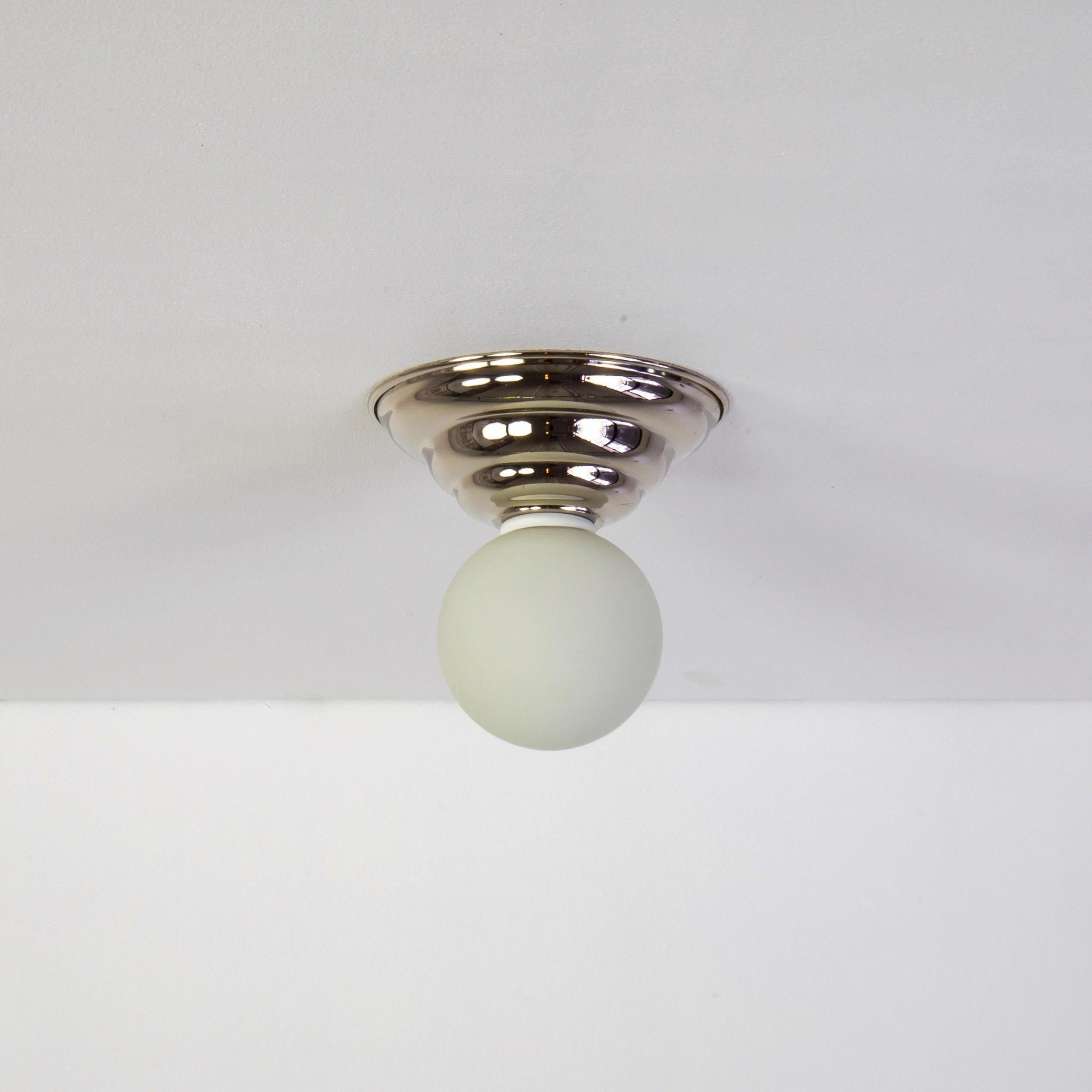 American Hive Flush Mount by Research.Lighting, Nickel, 3in Glass Globe, In Stock For Sale