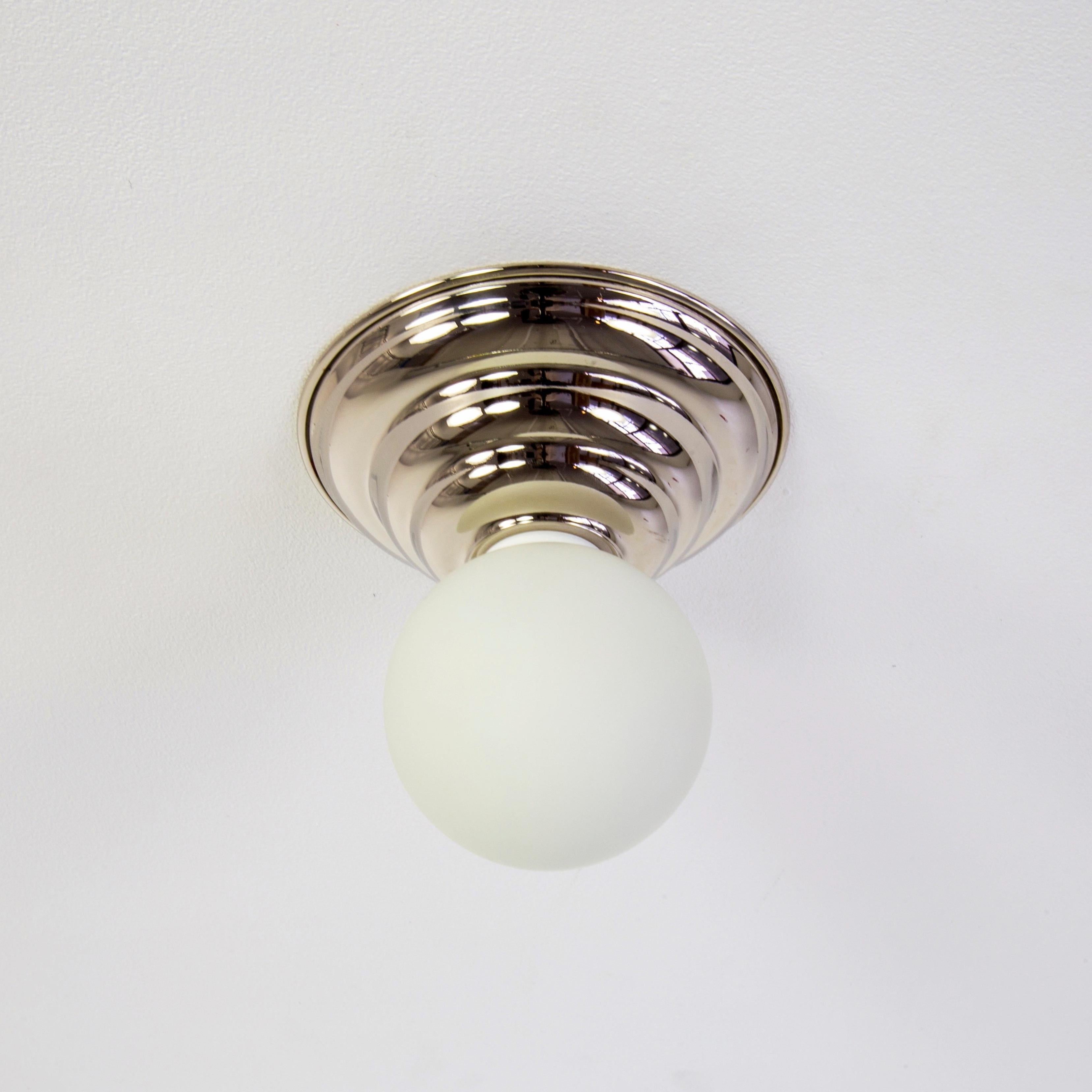 Plated Hive Flush Mount by Research.Lighting, Nickel, 3in Glass Globe, In Stock For Sale