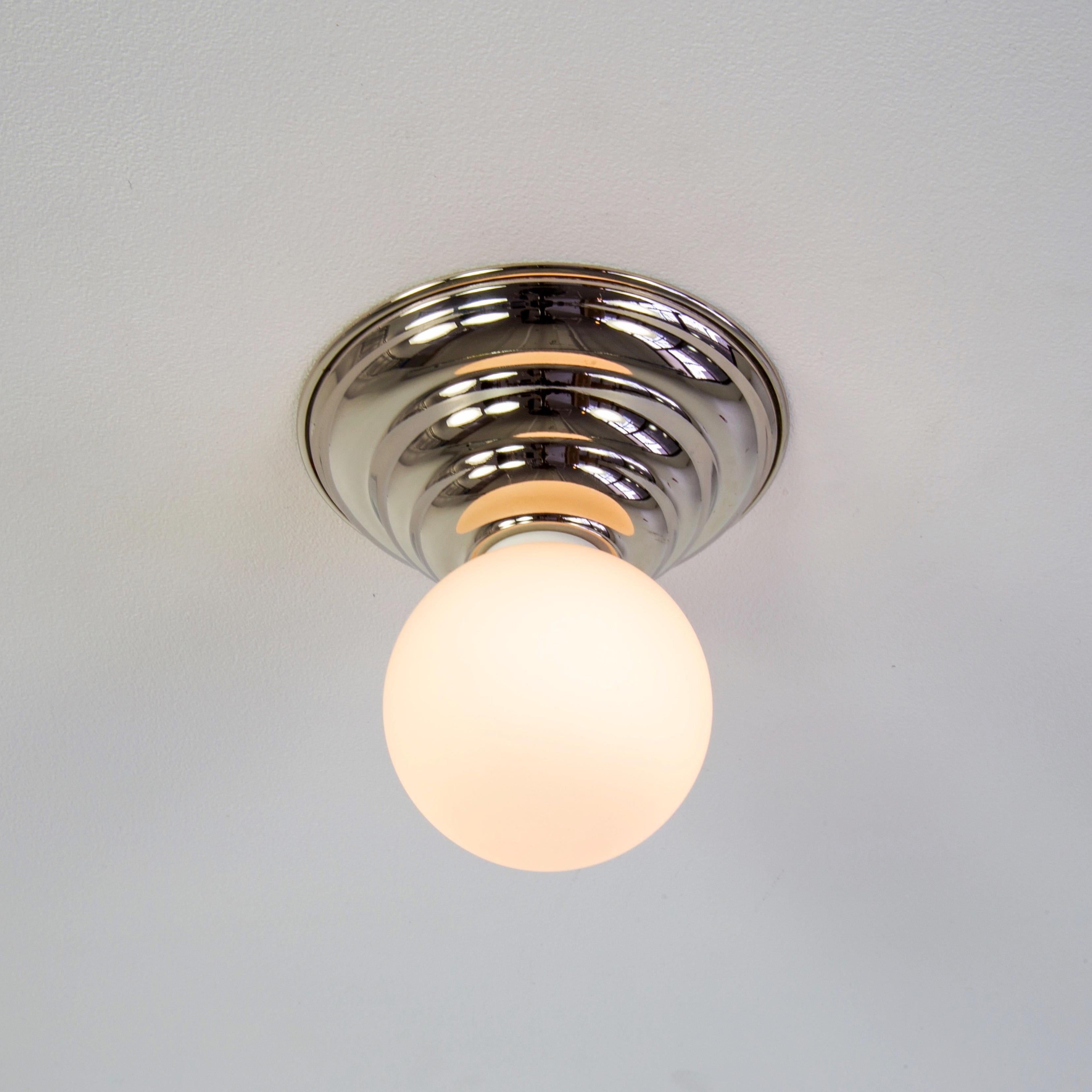 Hive Flush Mount by Research.Lighting, Nickel, 3in Glass Globe, In Stock In New Condition For Sale In Brooklyn, NY