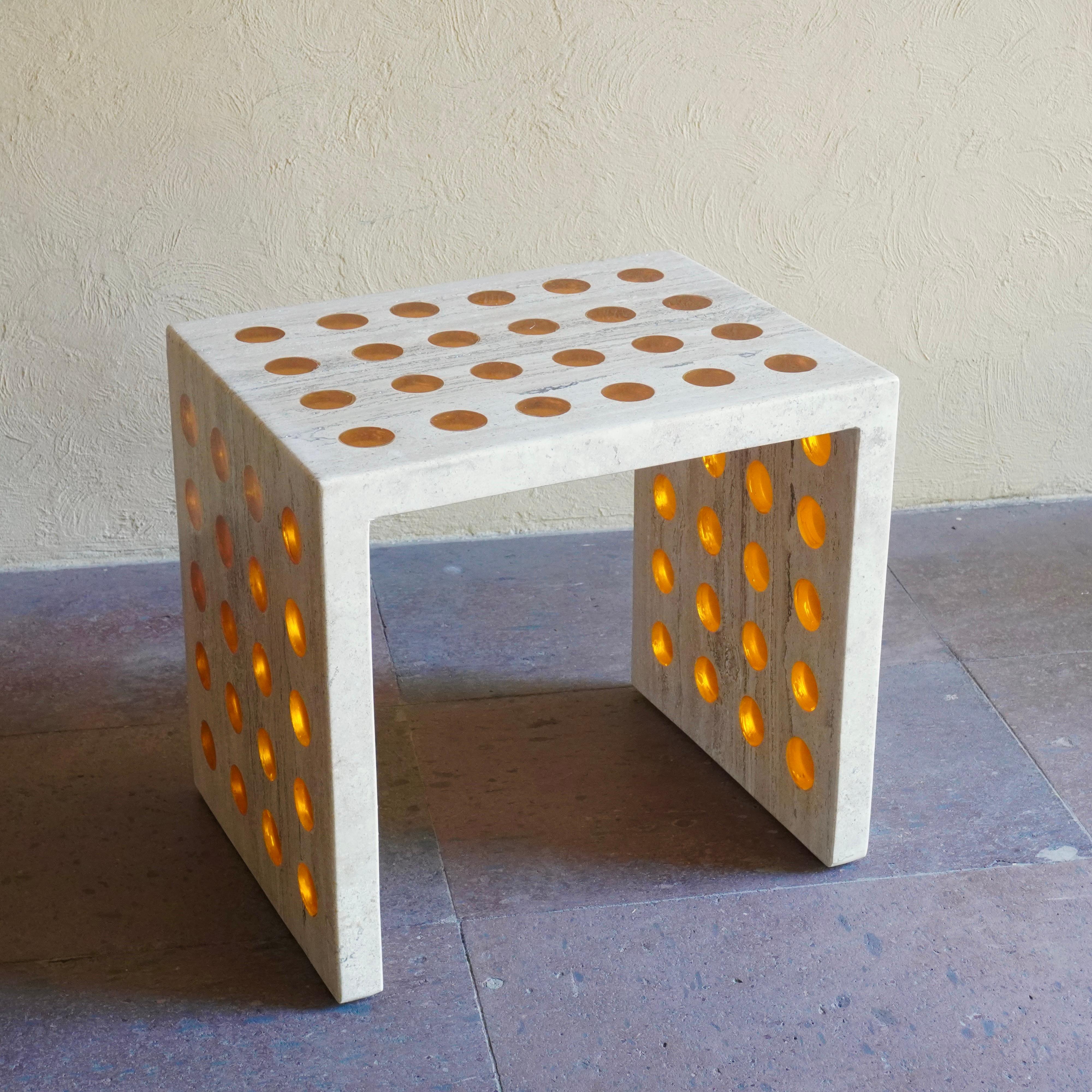 Modern HIVE I, Resin and Travertine Side Table by Paola Valle For Sale