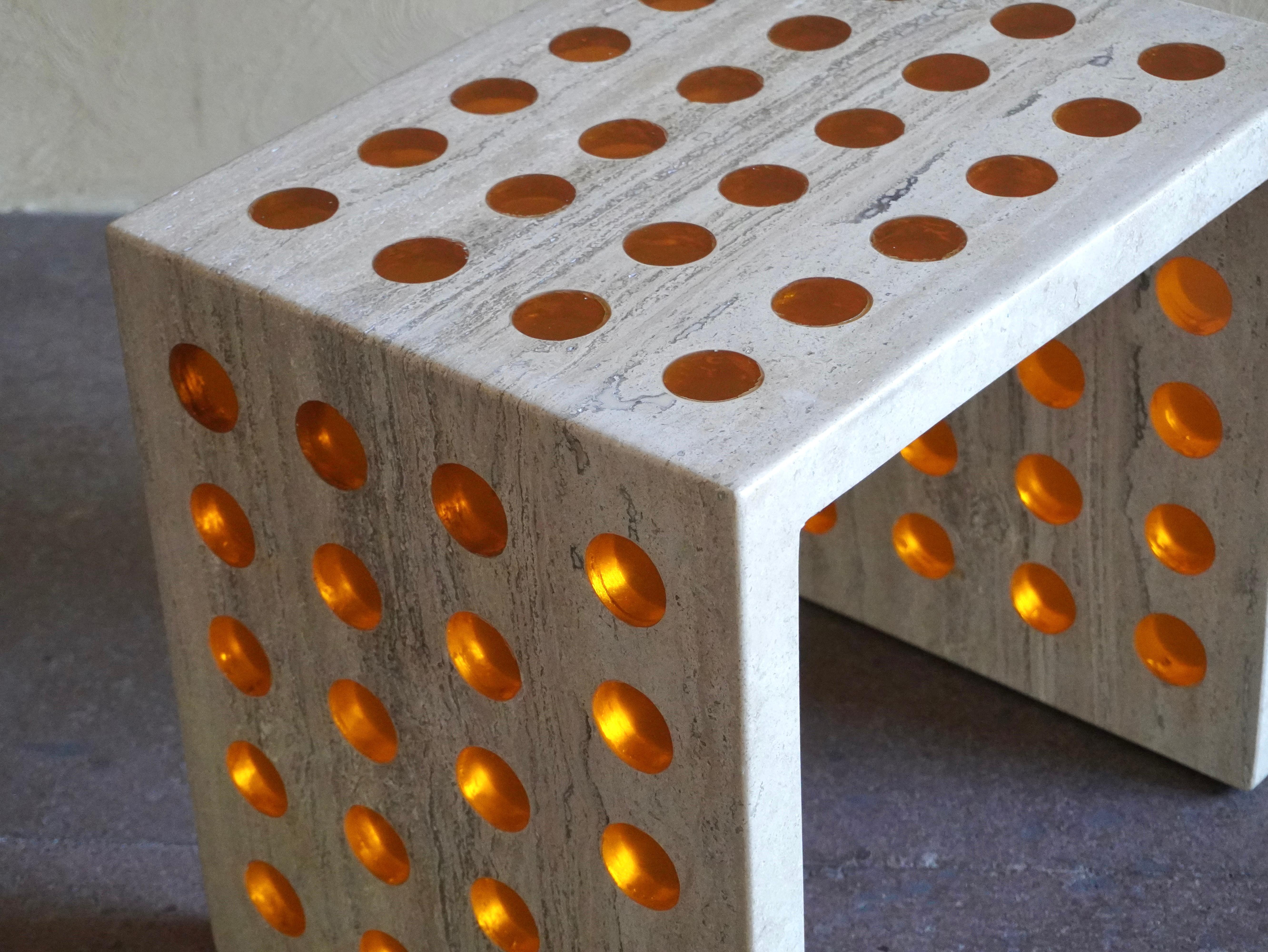Mexican HIVE I, Resin and Travertine Side Table by Paola Valle For Sale