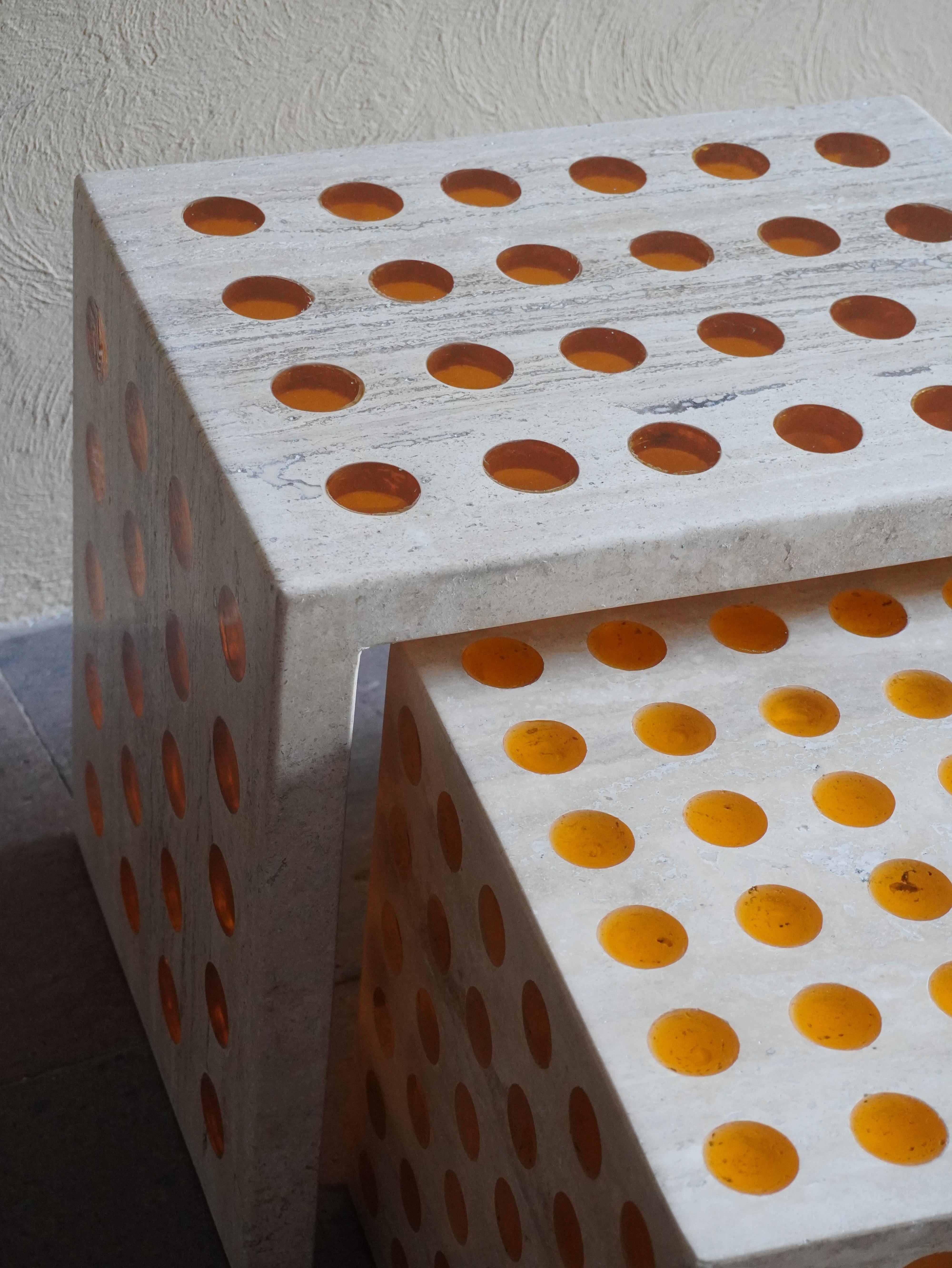 HIVE I, Resin and Travertine Side Table by Paola Valle For Sale 2