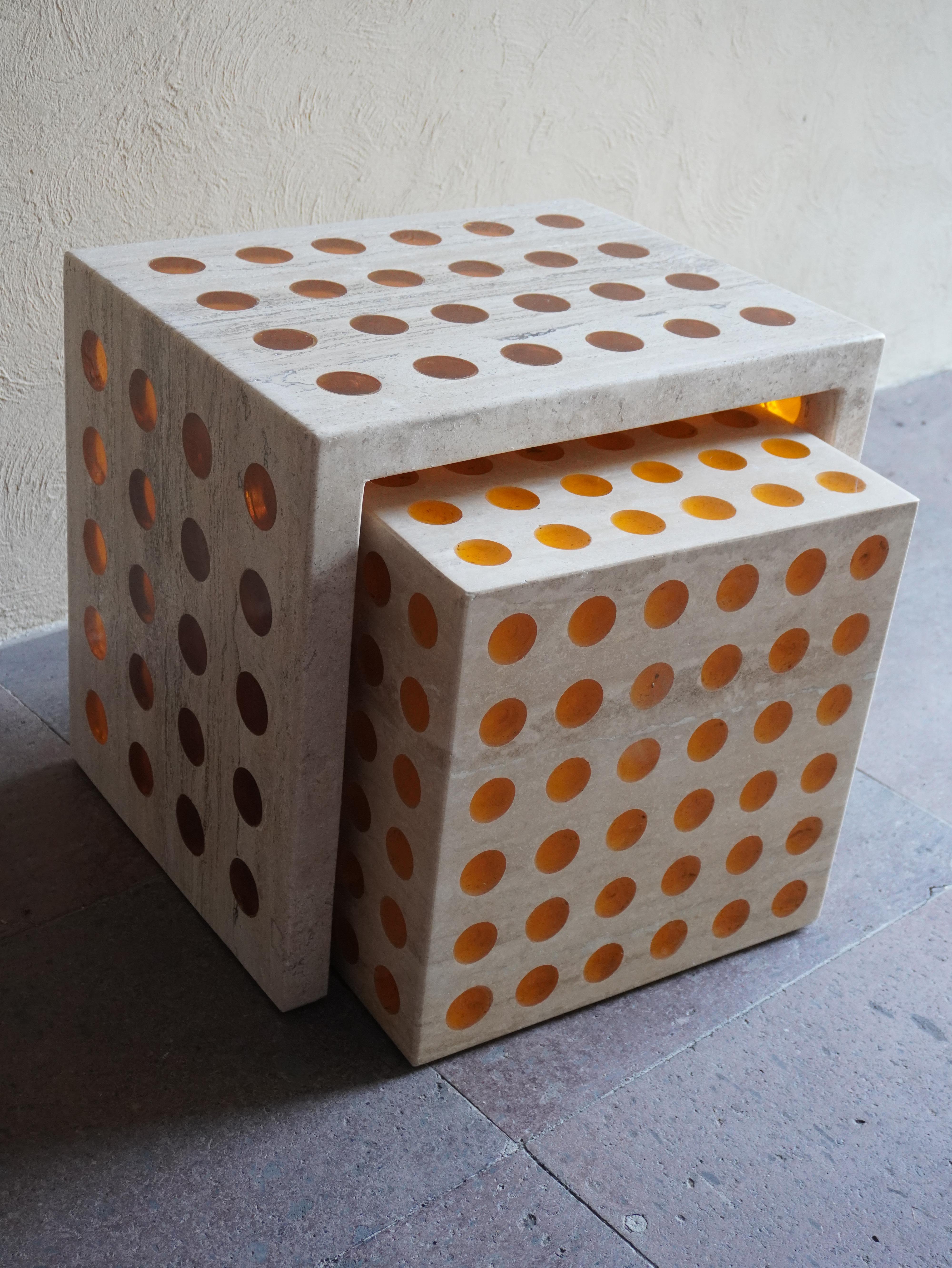 HIVE II, Resin and Travertine Cube Side Table by Paola Valle For Sale 3