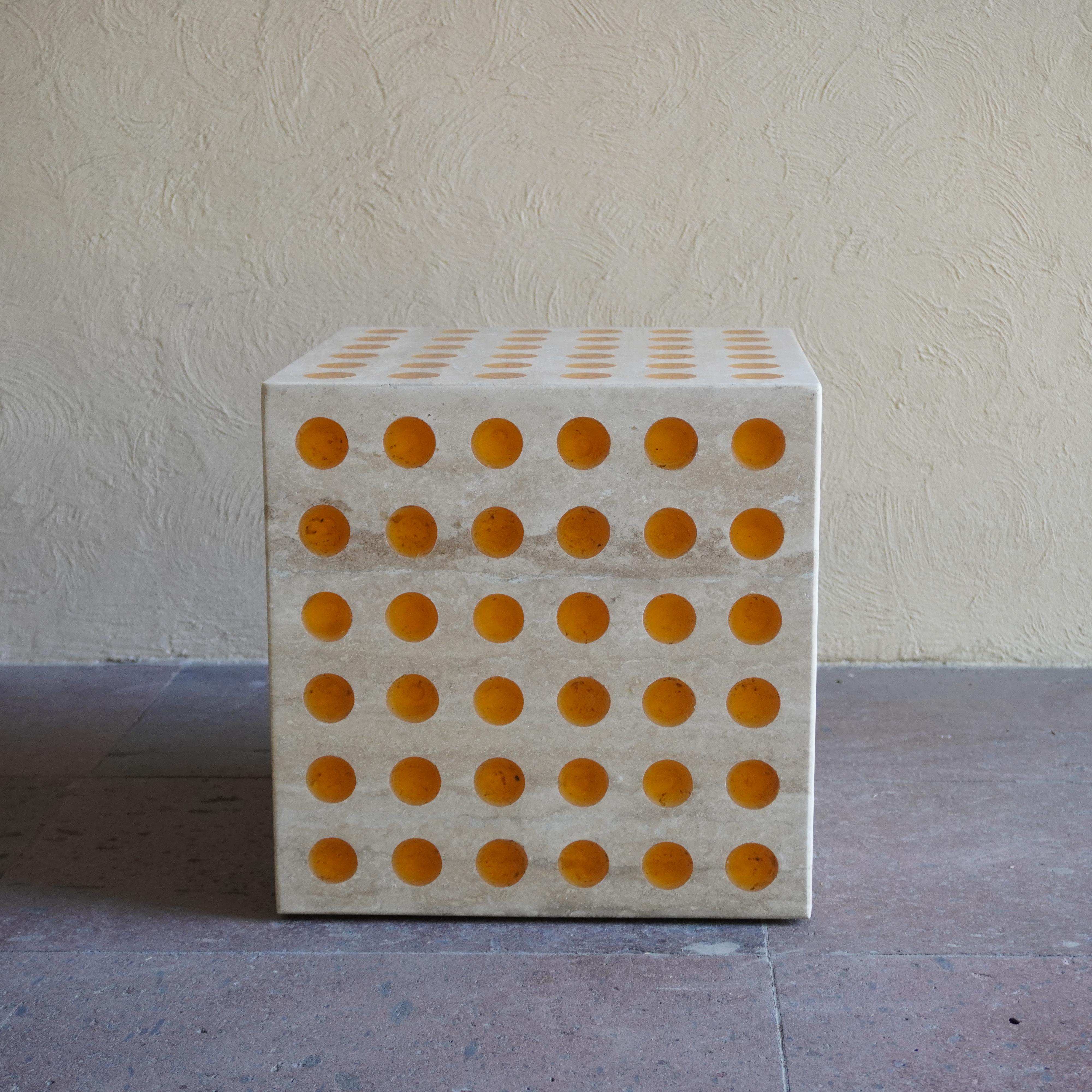 Modern HIVE II, Resin and Travertine Cube Side Table by Paola Valle For Sale