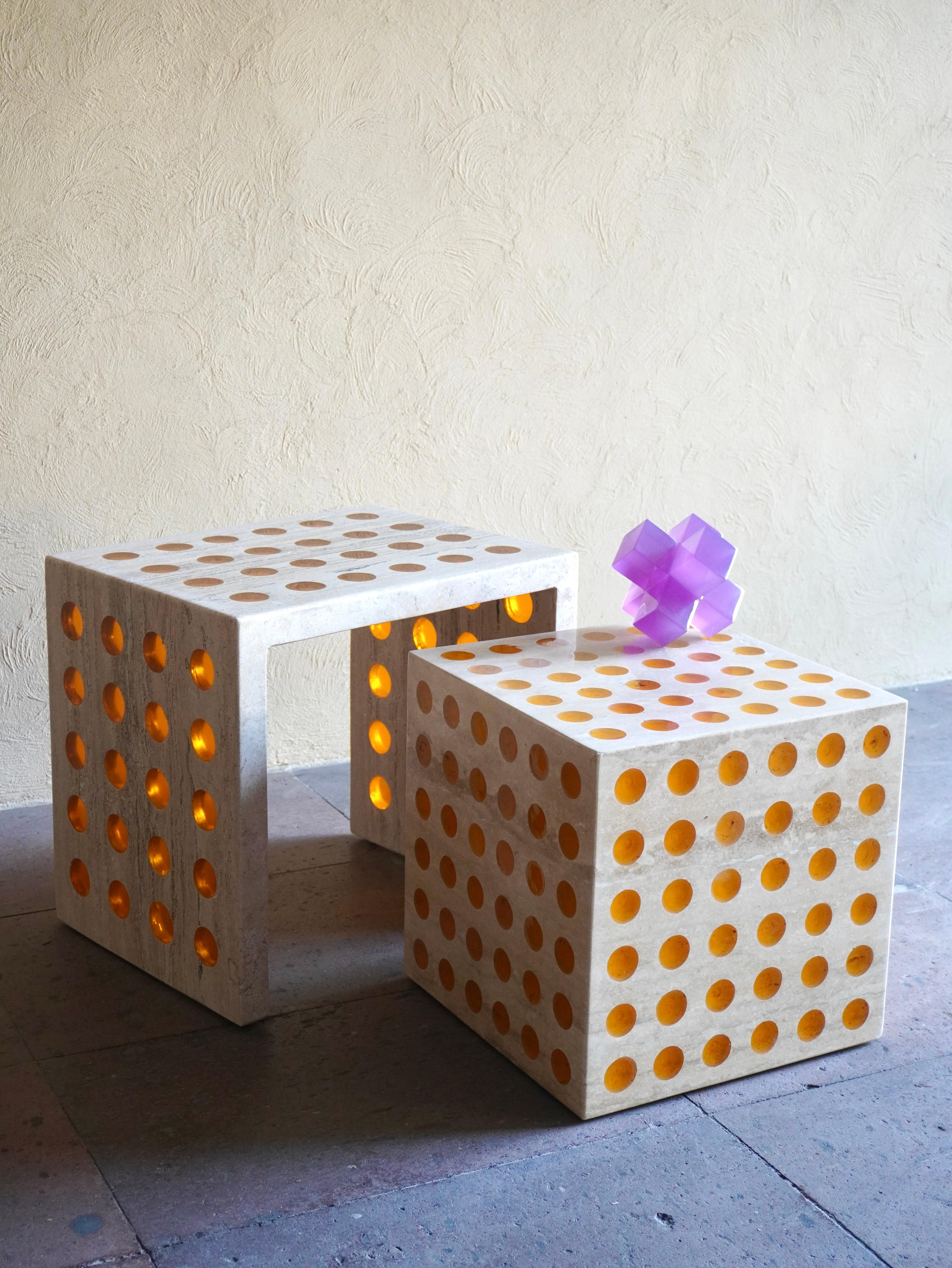 HIVE II, Resin and Travertine Cube Side Table by Paola Valle For Sale 1