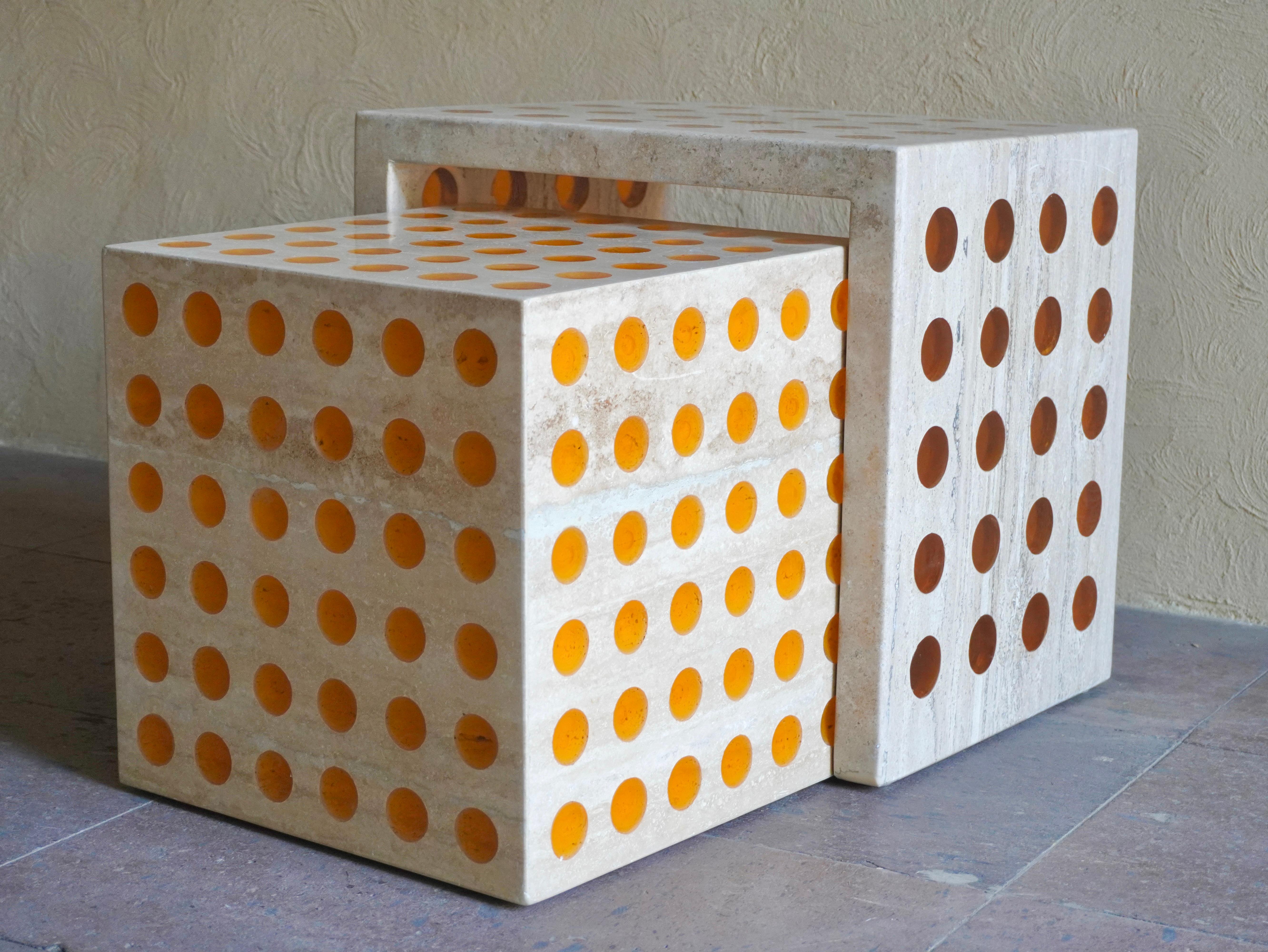 HIVE II, Resin and Travertine Cube Side Table by Paola Valle For Sale 2