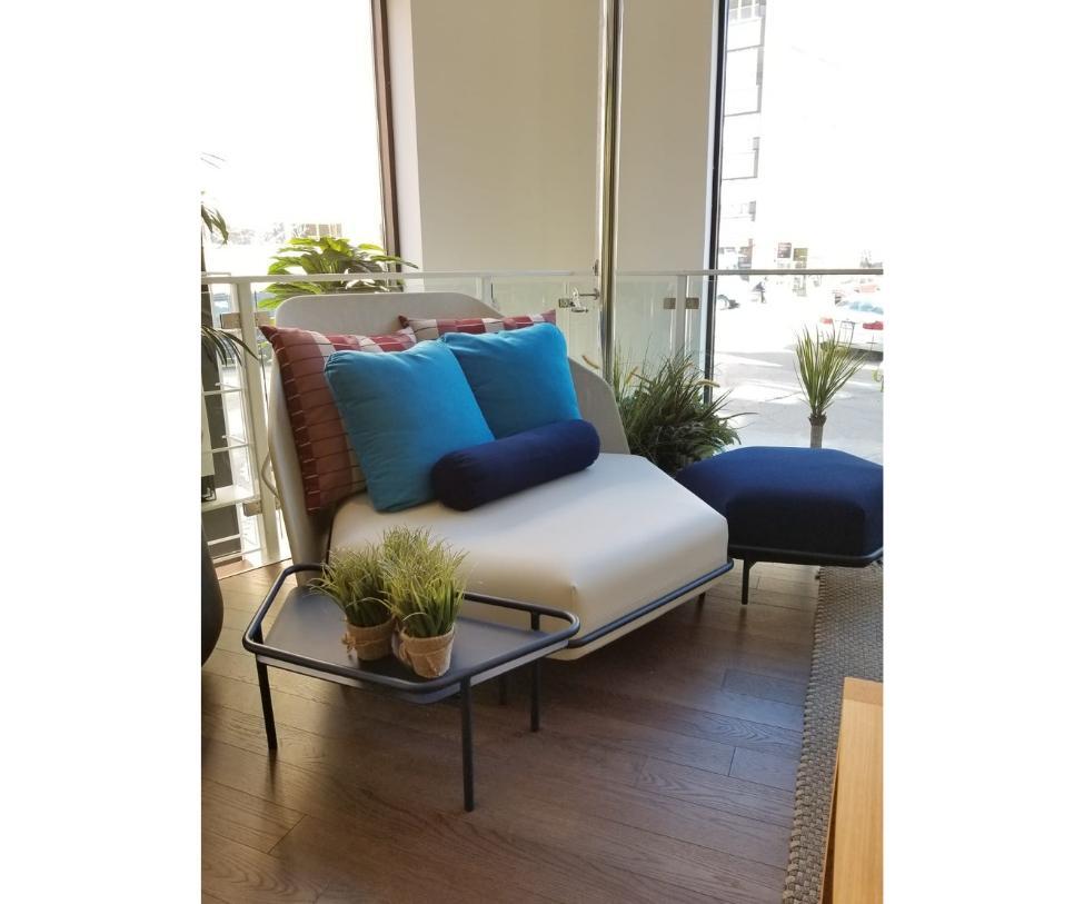 The Hive collection is a real hive where people can gather, share and chat. 

Includes: day bed, side table, pouf, and planter side table (Decorative plants not included), 2 blue pillows and one lumbar navy blue pillow included.

2 back square
