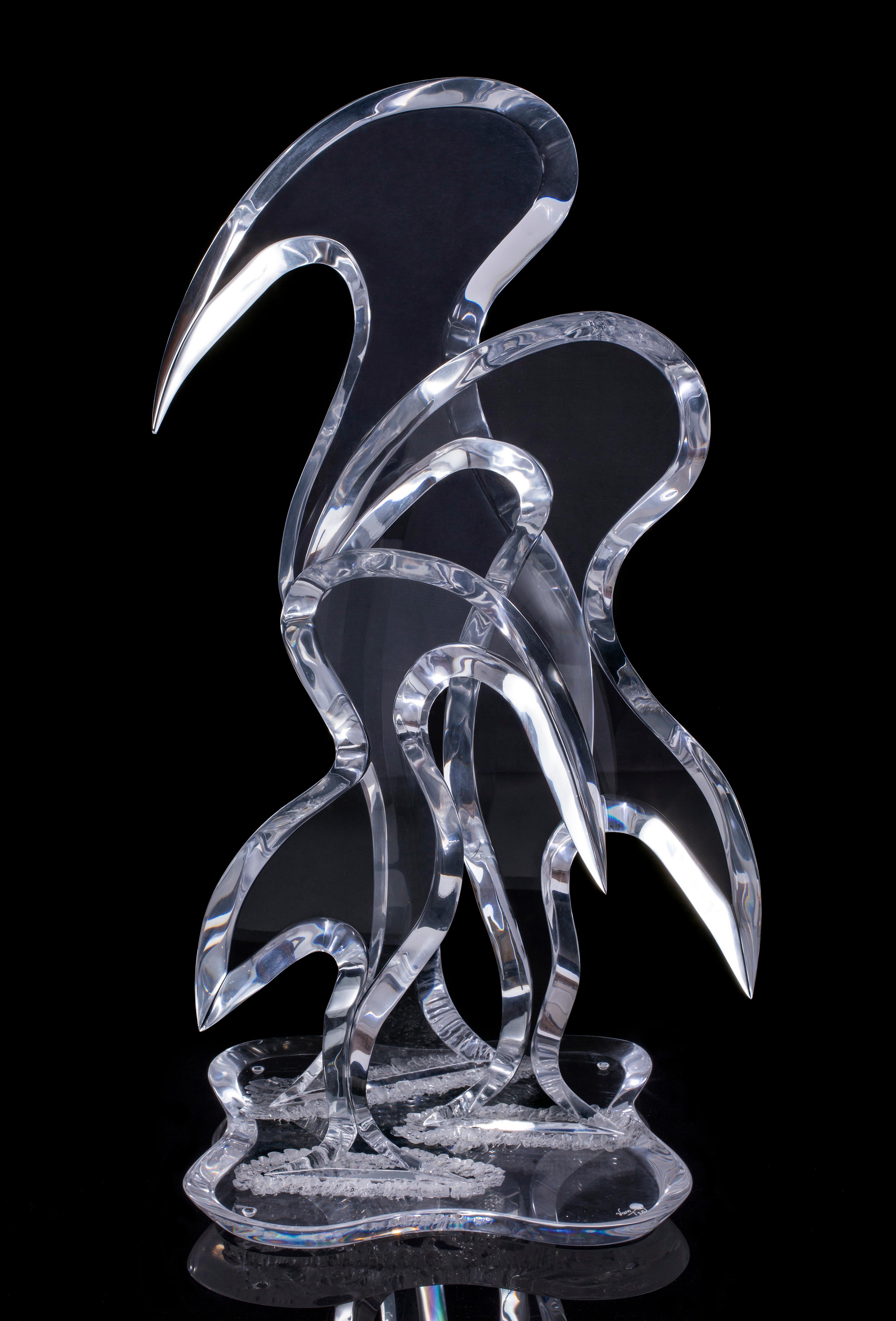 Hivo Van Teal Carved Lucite Translucent Triple Stylized Bird Table Art Sculpture

•	Modern Lucite sculpture modeled as three stylized birds
•	20th century design
•	Signed 