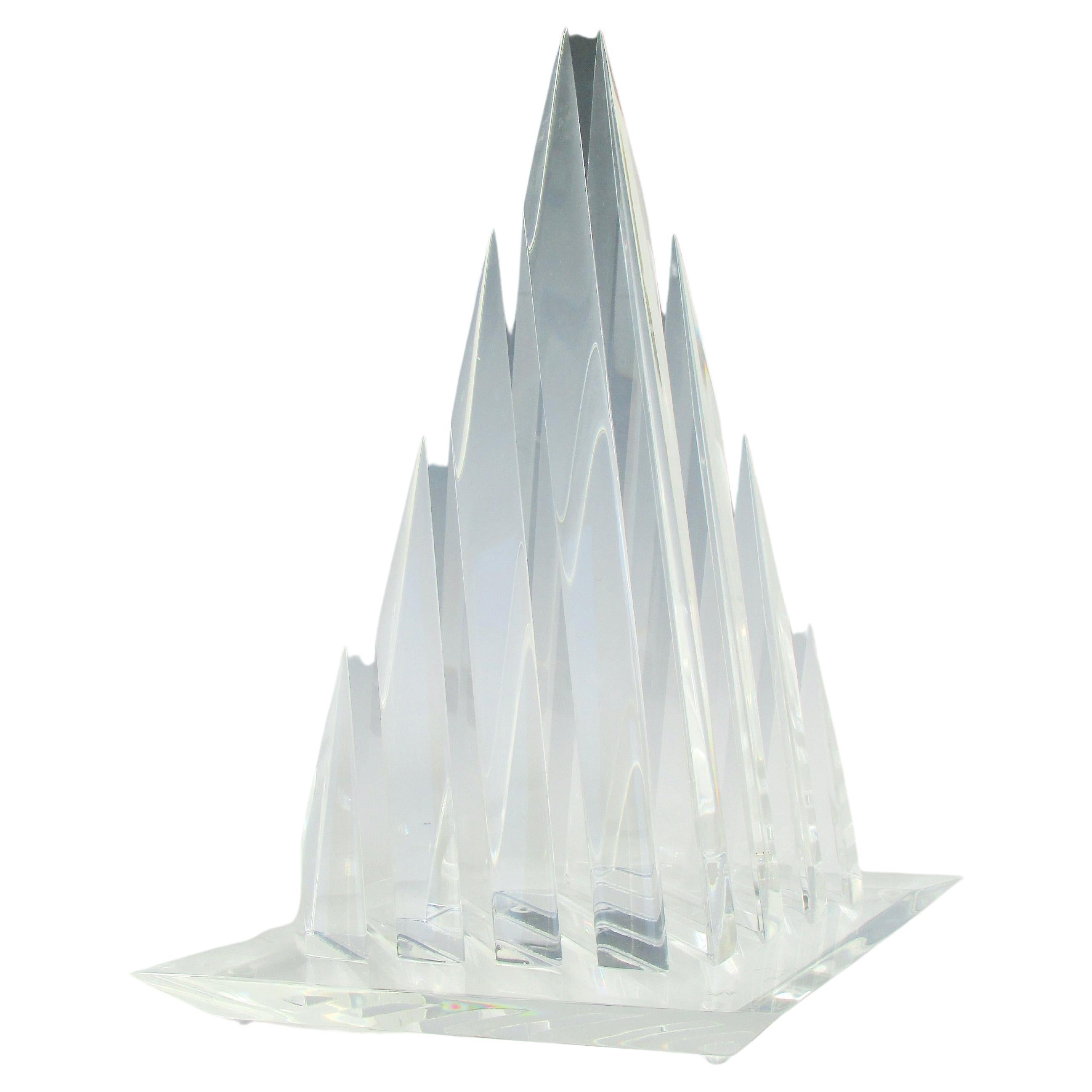 Acrylic Lucite sculpture signed Van Teal on base. Graduated triangle forms each peaking to a sharp point are mounted on diamond shape base. Could pass for an item out of Supermans Fortress of Solitude collection. Very clean original condition.