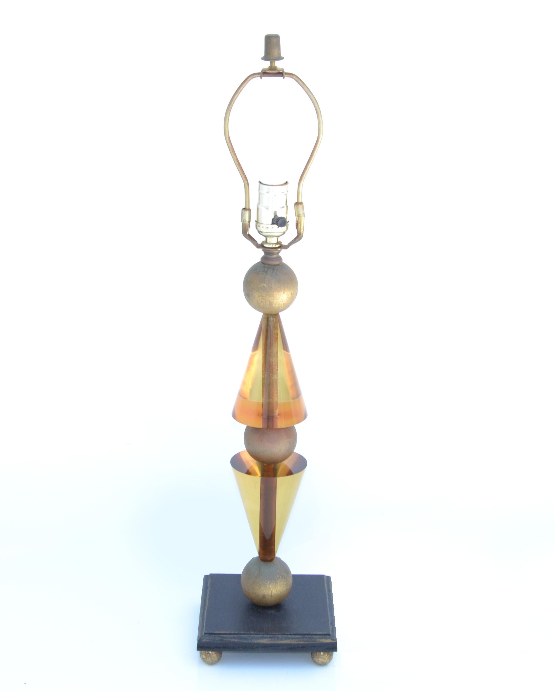 Mid-Century Modern Hivo Van Teal Table Lamp Amber Gold Lucite & Wood Original Shade Midcentury 1979 For Sale