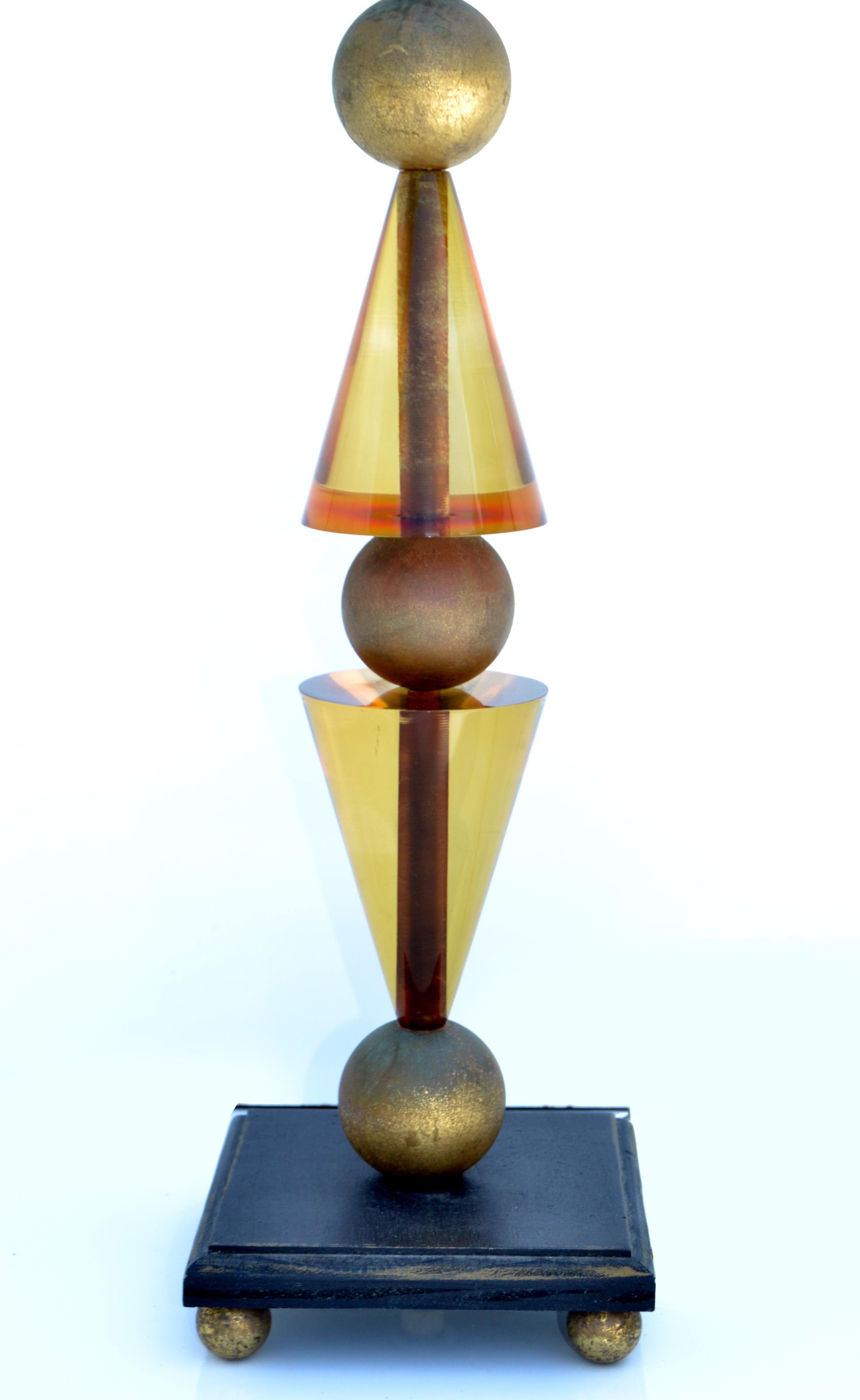 Gilt Hivo Van Teal Table Lamp Amber Gold Lucite & Wood Original Shade Midcentury 1979 For Sale
