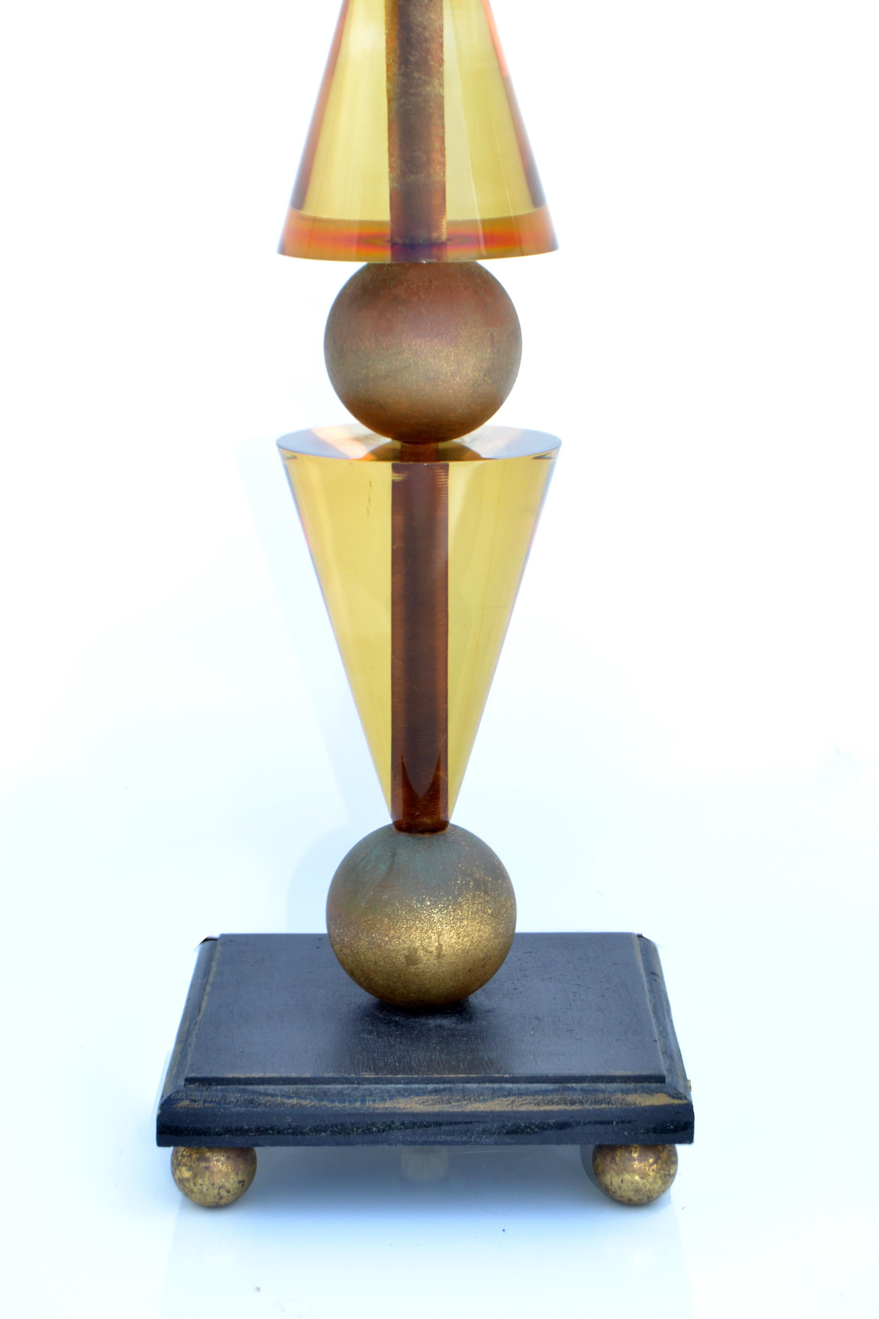 20th Century Hivo Van Teal Table Lamp Amber Gold Lucite & Wood Original Shade Midcentury 1979 For Sale