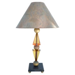 Vintage Hivo Van Teal Table Lamp Amber Gold Lucite & Wood Original Shade Midcentury 1979
