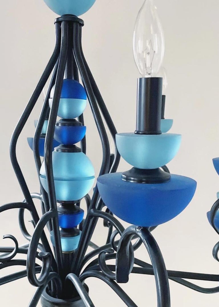 Hivo Van Teal Wrought Iron and Blue Lucite Chandelier In Excellent Condition For Sale In Fall River, MA