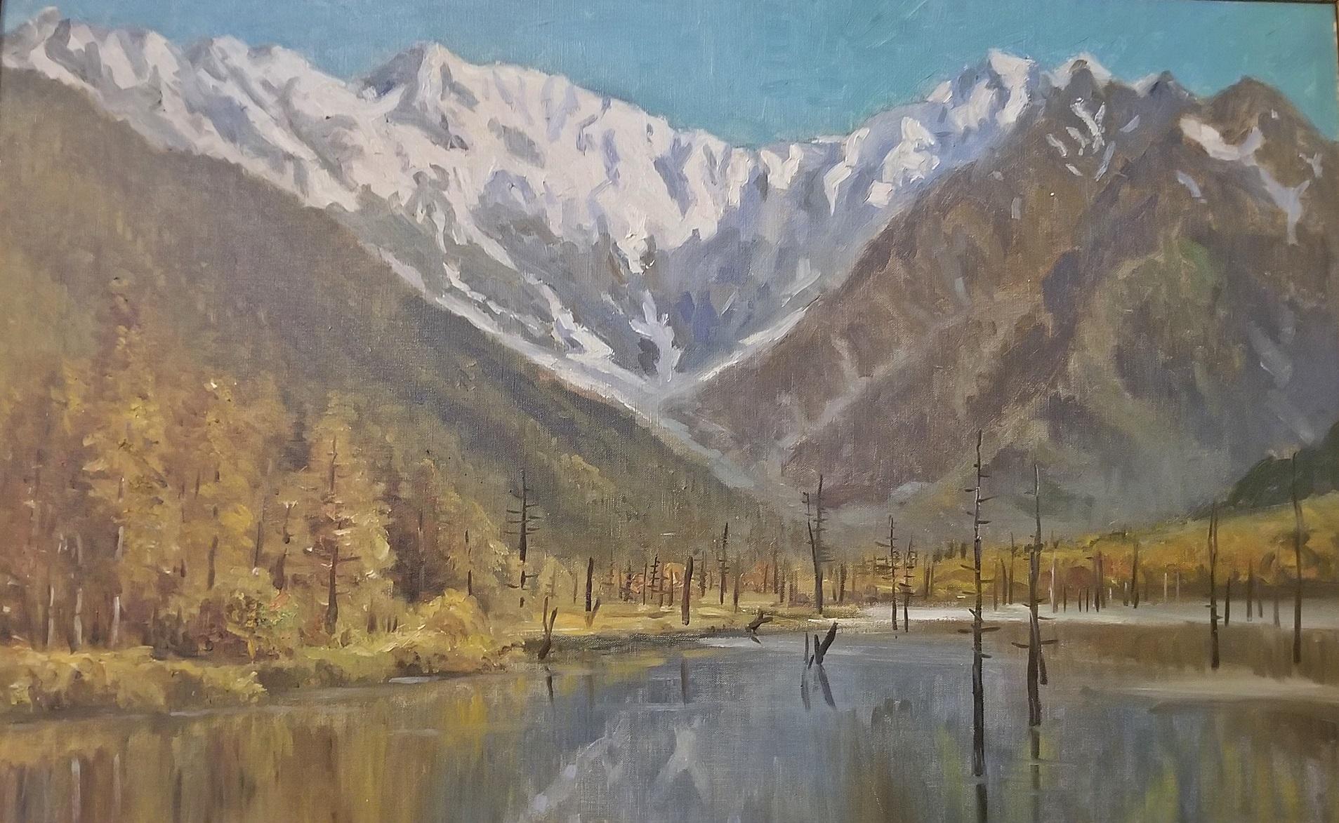 Japanese Hiyashi NoBuo Large Oil on Canvas, Lake & Snowy Mountains For Sale