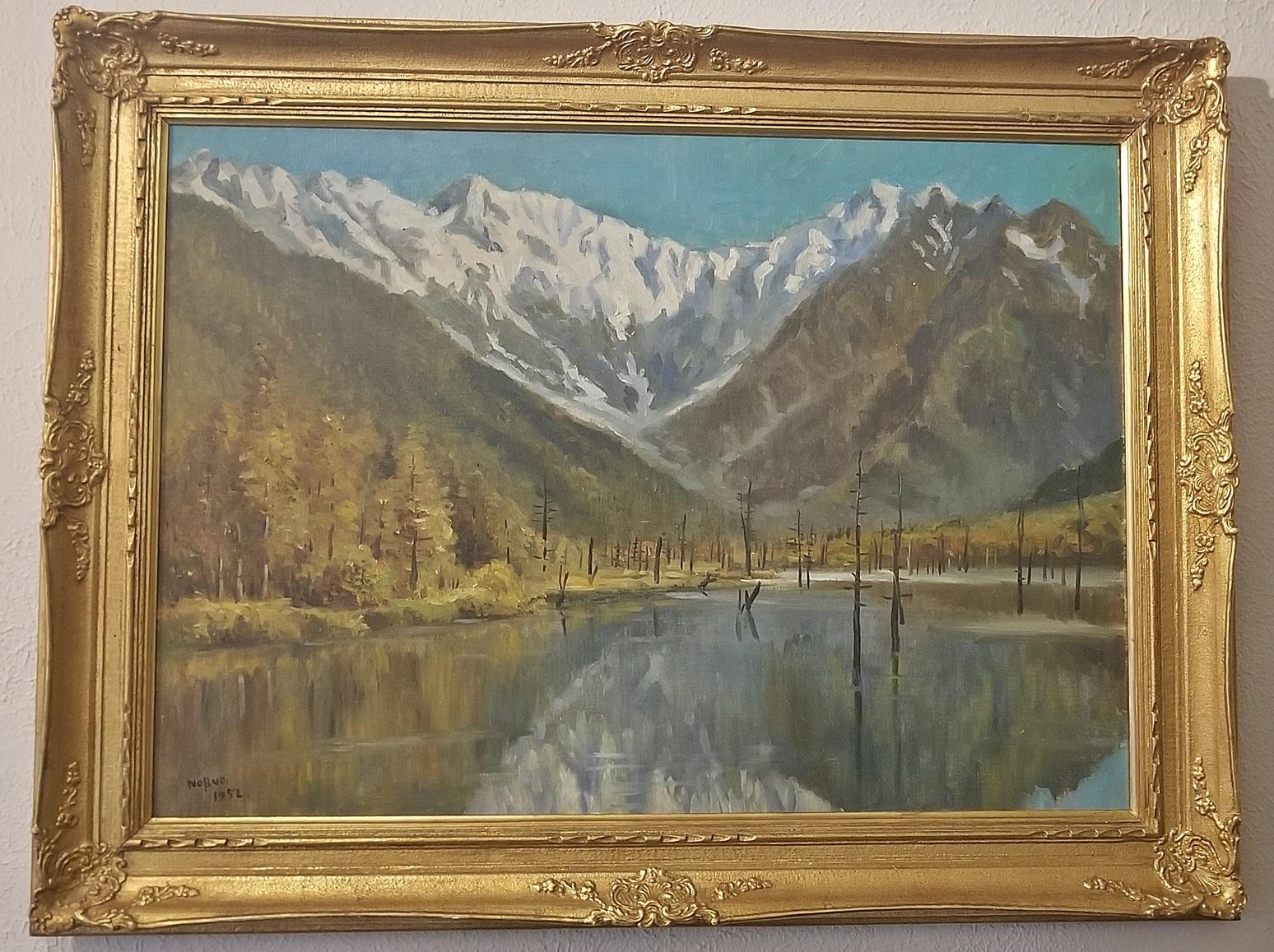 Hand-Painted Hiyashi NoBuo Large Oil on Canvas, Lake & Snowy Mountains For Sale
