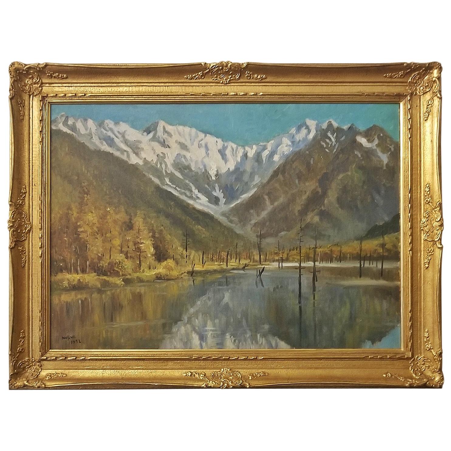 Hiyashi NoBuo Large Oil on Canvas, Lake & Snow Mountains
