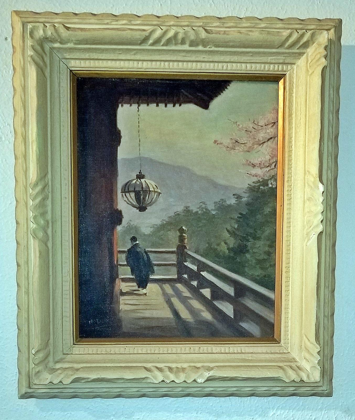 Presenting a gorgeous medium sized oil on canvas, by Japanese Master Impressionist, Hiyashi NoBuo in beautiful original white wood frame.

Beautiful landscape scene of a Japanese man, in traditional kimono clothing, standing on his elevated deck,