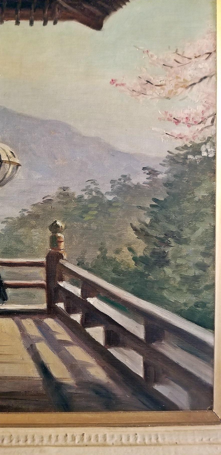 Japonisme Hiyashi NoBuo Oil on Canvas, Cherry Blossom Deck