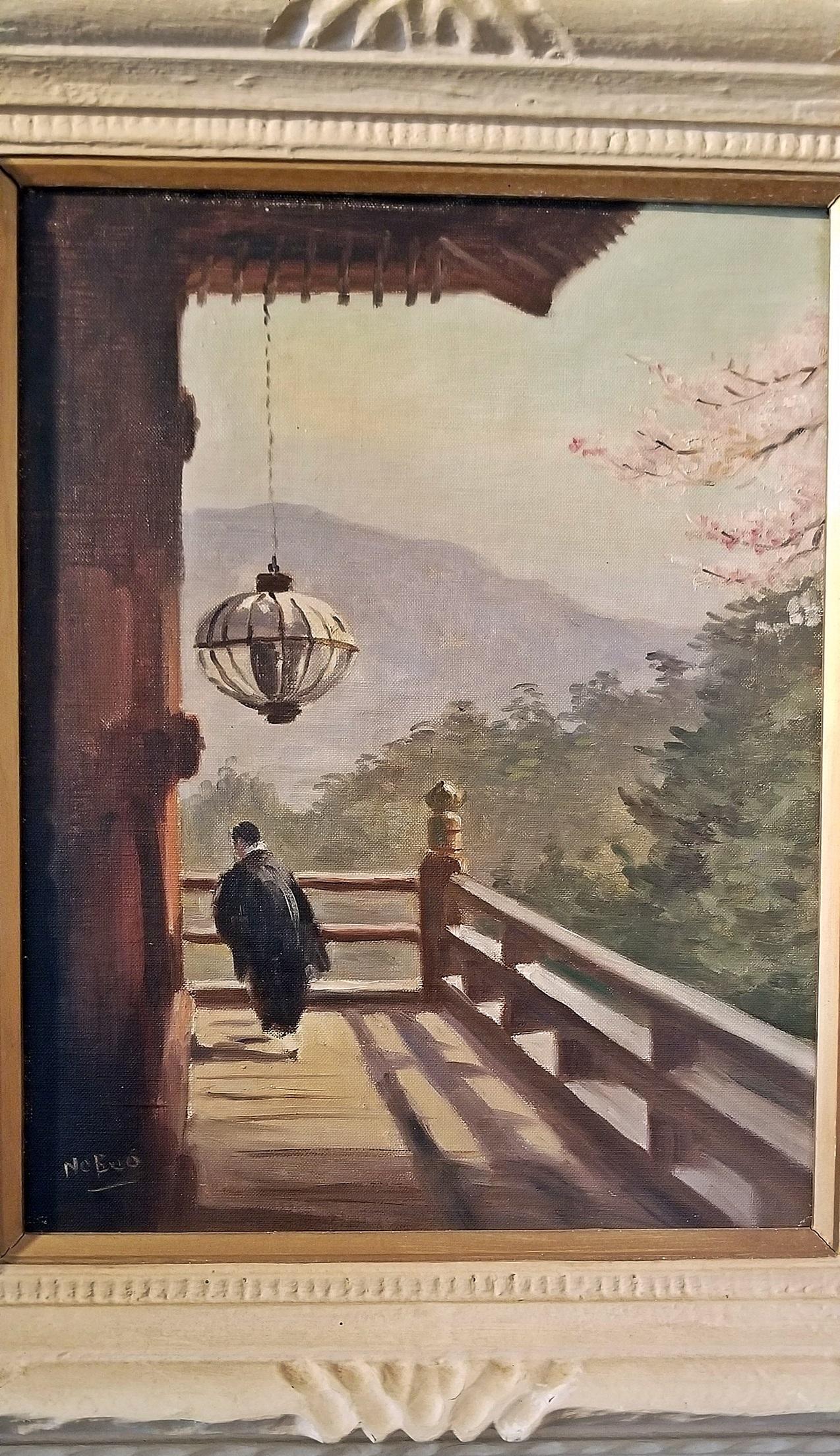 Hand-Painted Hiyashi NoBuo Oil on Canvas, Cherry Blossom Deck