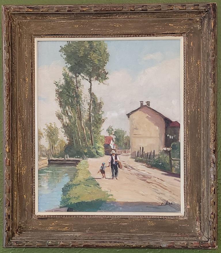 PRESENTING a GORGEOUS Medium sized Oil on Canvas, by Japanese Master Impressionist, Hiyashi NoBuo, in beautiful original wood frame.

THIS IS MY FAVORITE NOBUO PAINTING!
I ADORE IT!
Beautiful Summer, rural landscape scene, of a Japanese man in hat