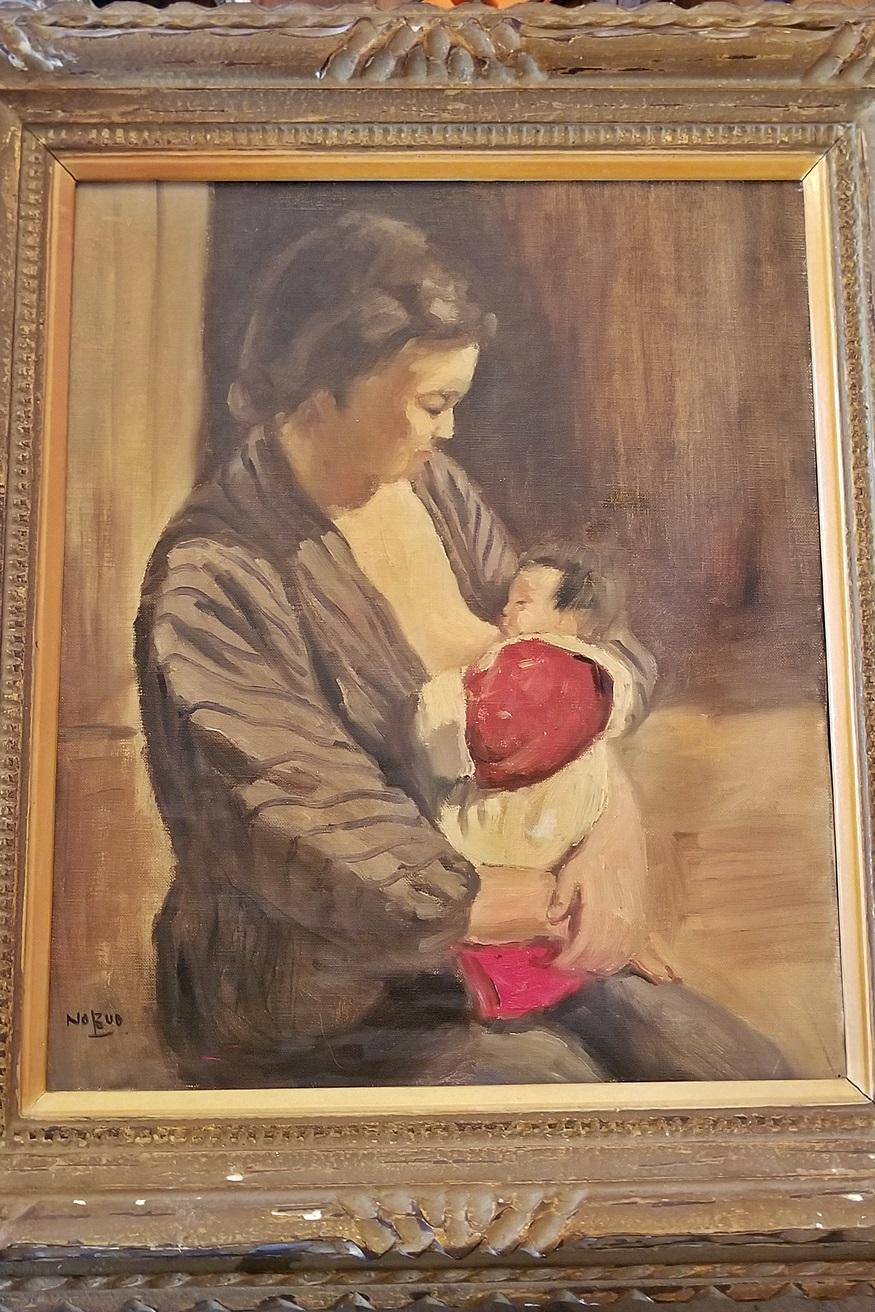 Hiyashi NoBuo Oil on Canvas, Nursing Mother In Good Condition In Dallas, TX