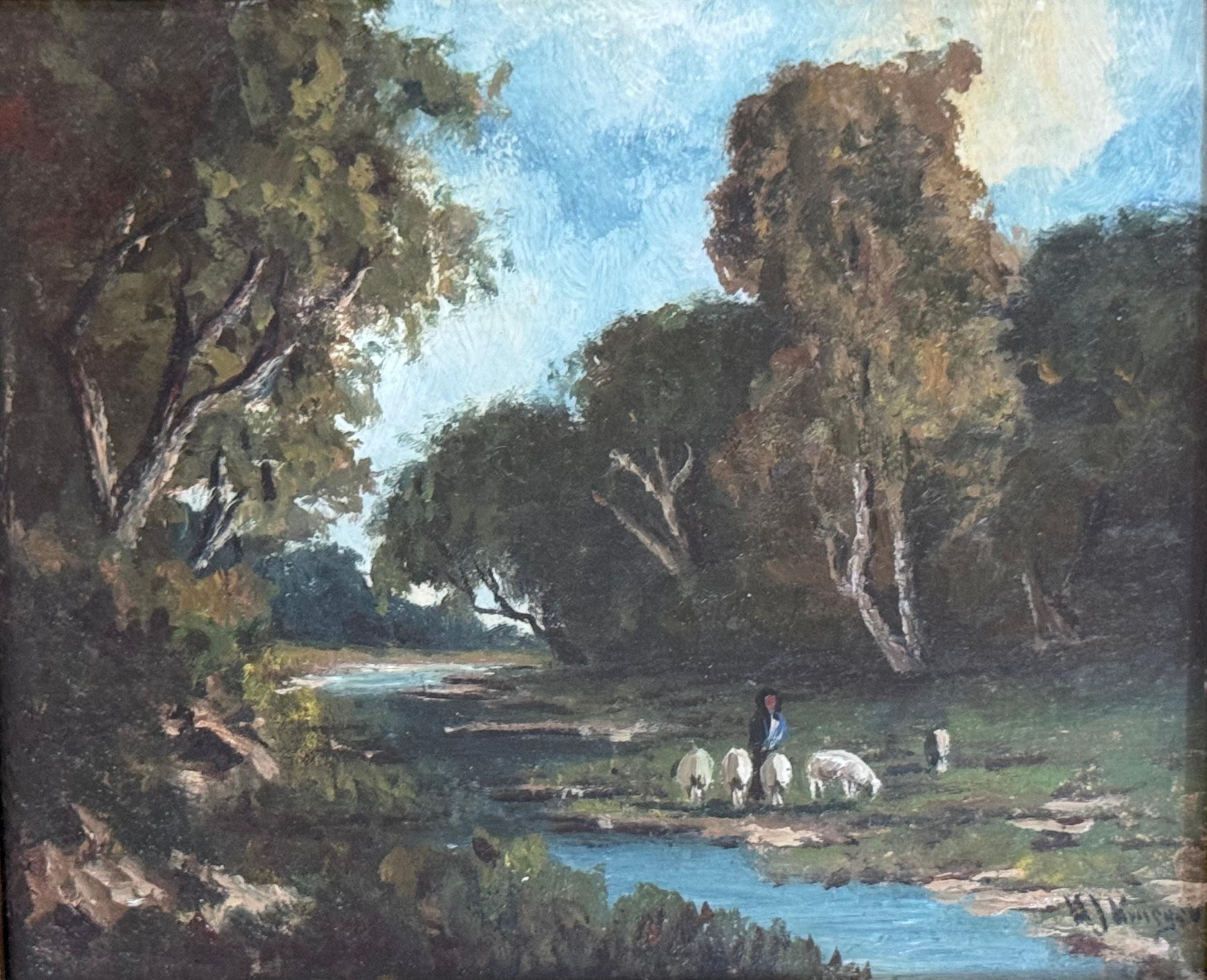 H.J. Krueger (1890-1910) Masterfully Painted Landscape Depicting a Figure & Goat For Sale 1