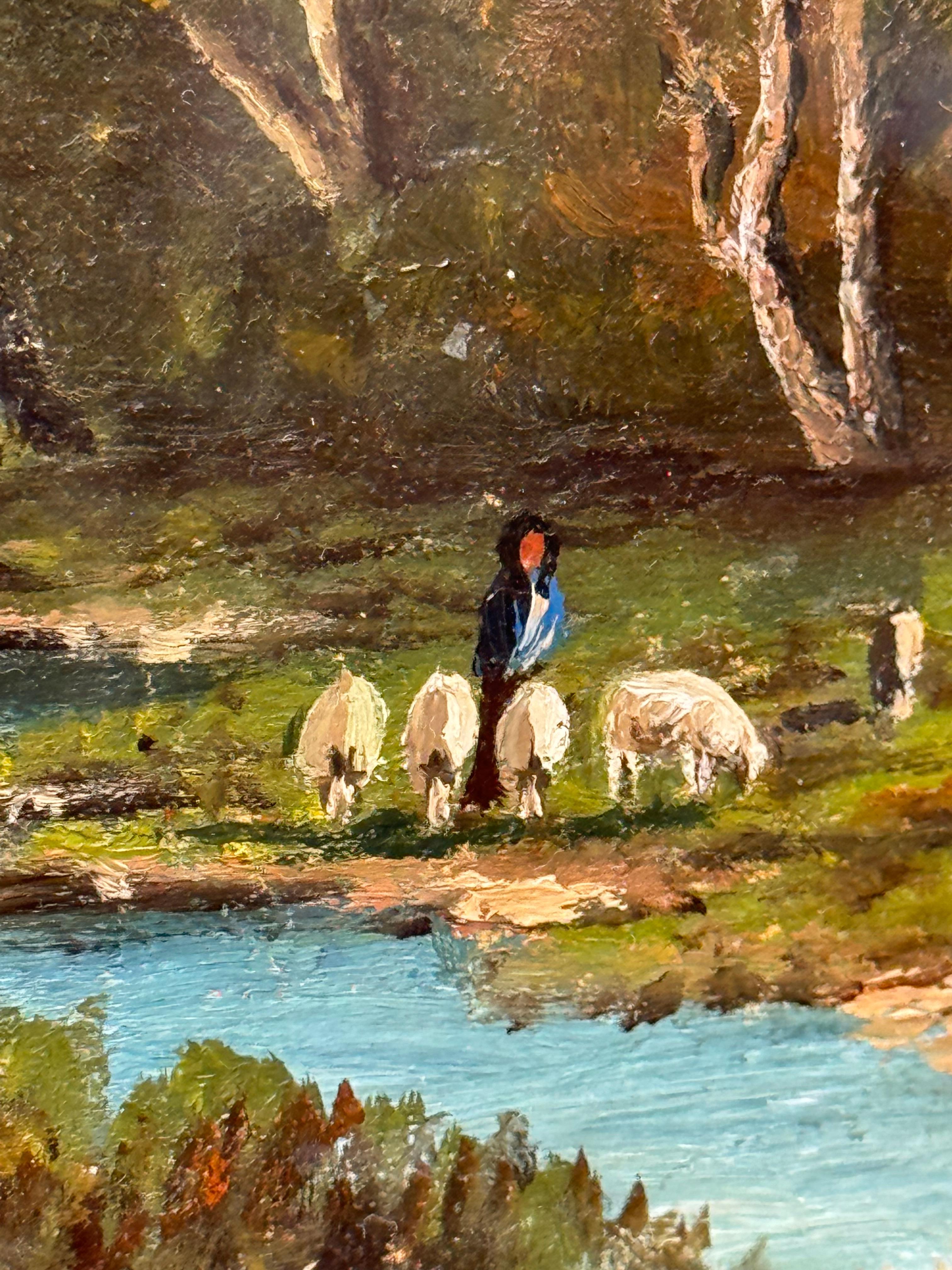 H.J. Krueger (1890-1910) - Paysage peint de main de maître représentant un personnage et une chèvre en vente 3