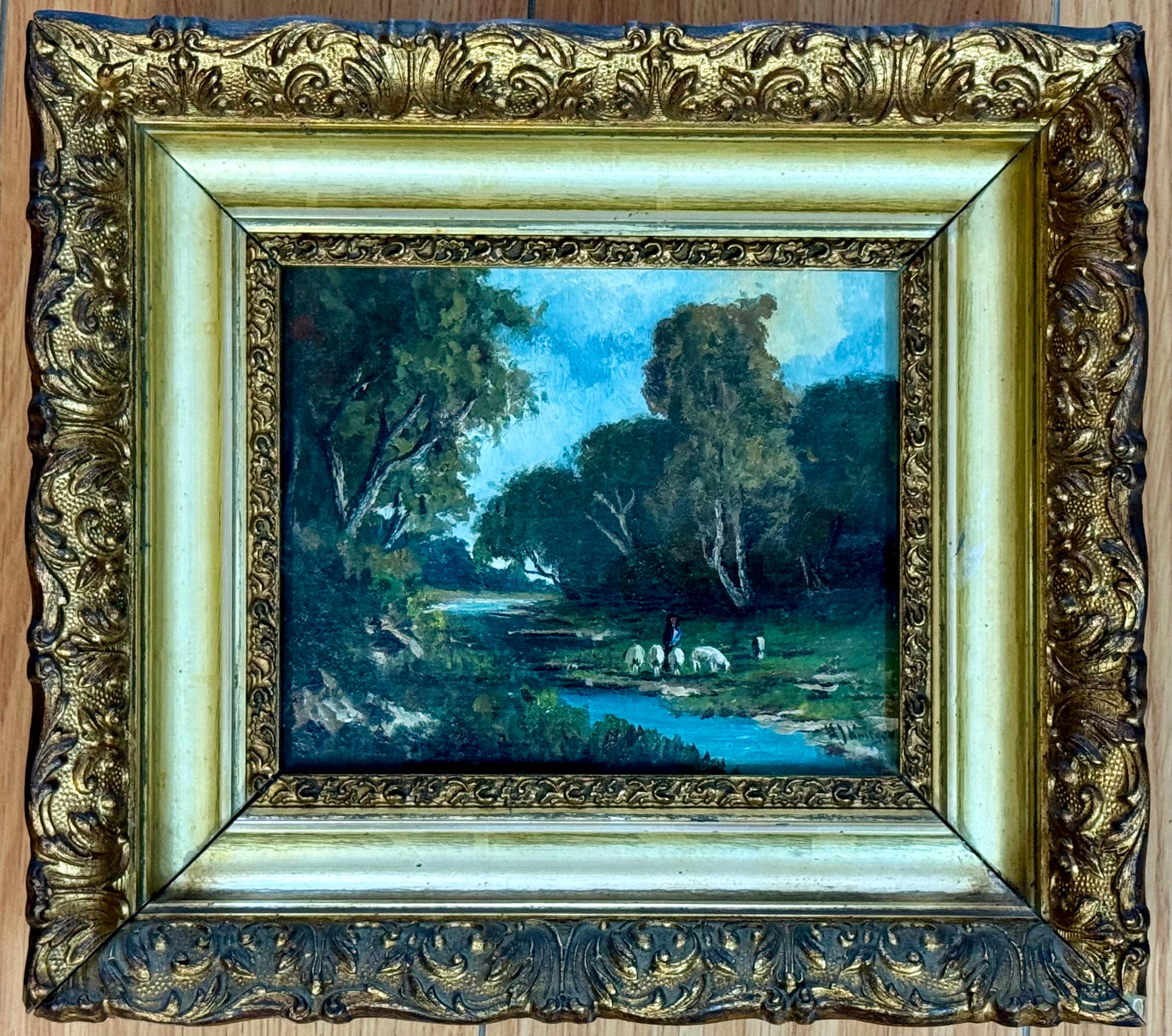 H.J. Krueger (1890-1910) Masterfully Painted landscape depicting a figure & goats by river. 1908. Oil on board. 6 x 7 I'm framed, 9.25 x 10.5 framed.