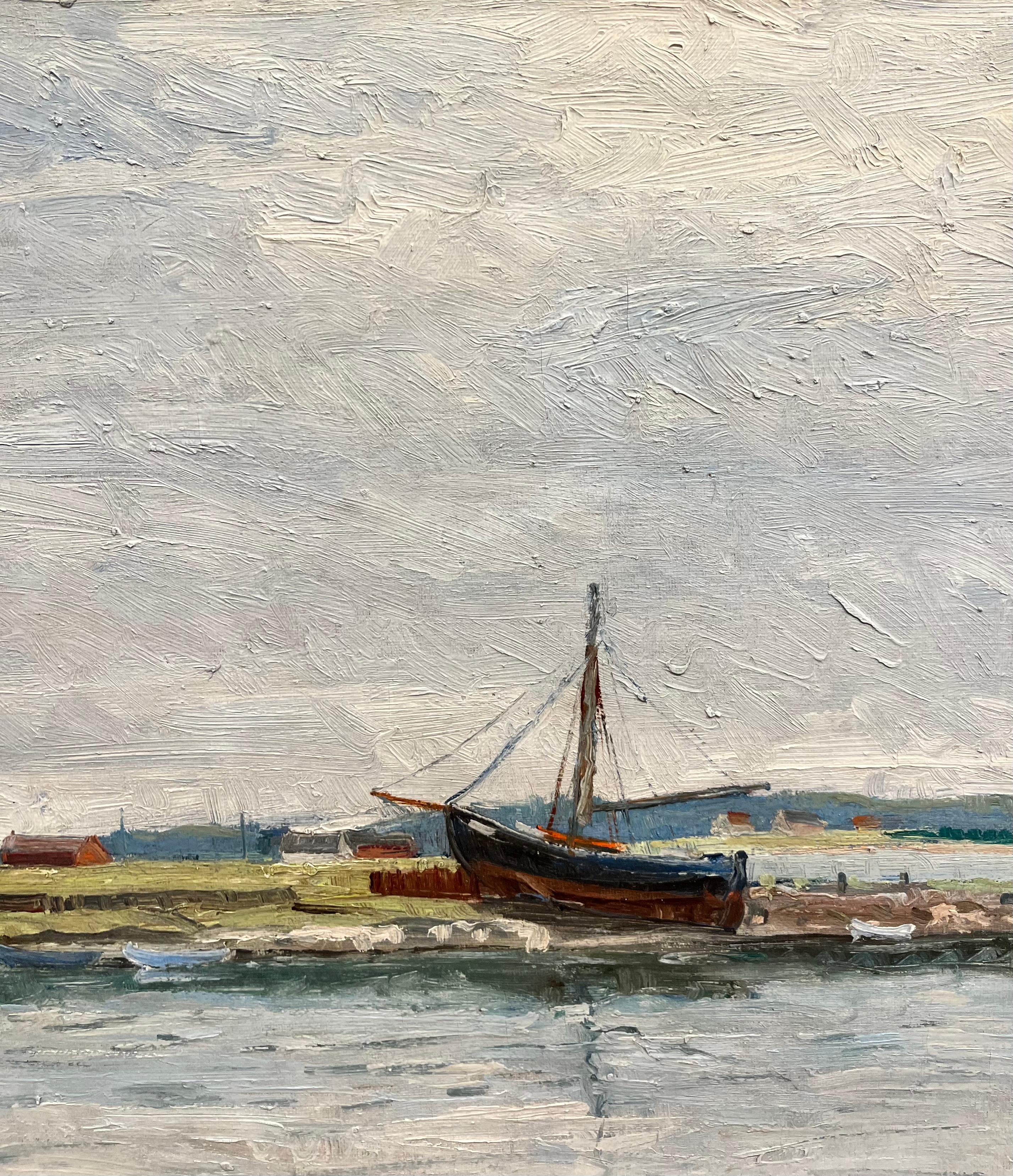 Docking on the Shore of the Potomac River - Beige Landscape Painting by H.J. Storm