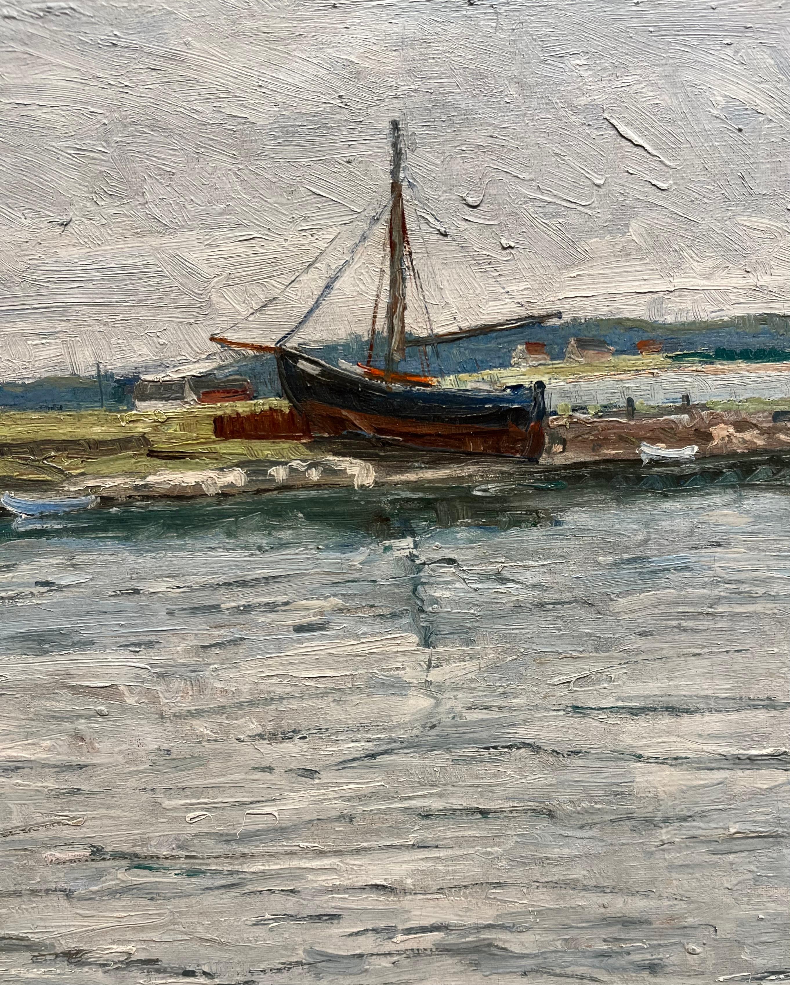 In Docking on the Shore of the Potomac River, H. J. Storm captures a quiet moment along the waterfront with an eye for both atmosphere and structure. The painting places the viewer at the edge of the dock, where two moored boats dominate the